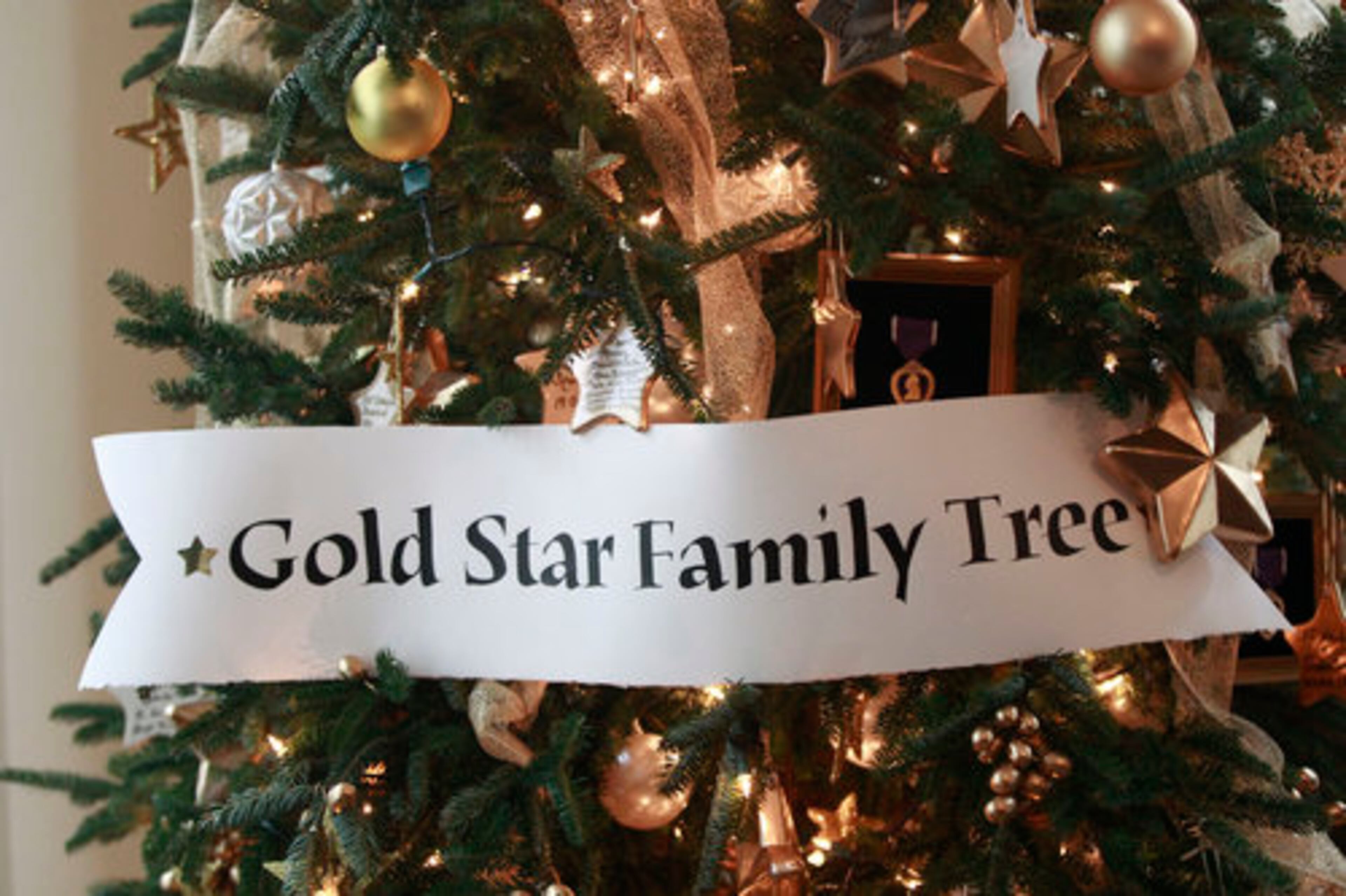 The Gold Star Family Christmas Tree honoring service members who were killed in the line of duty is seen in the East Landing.