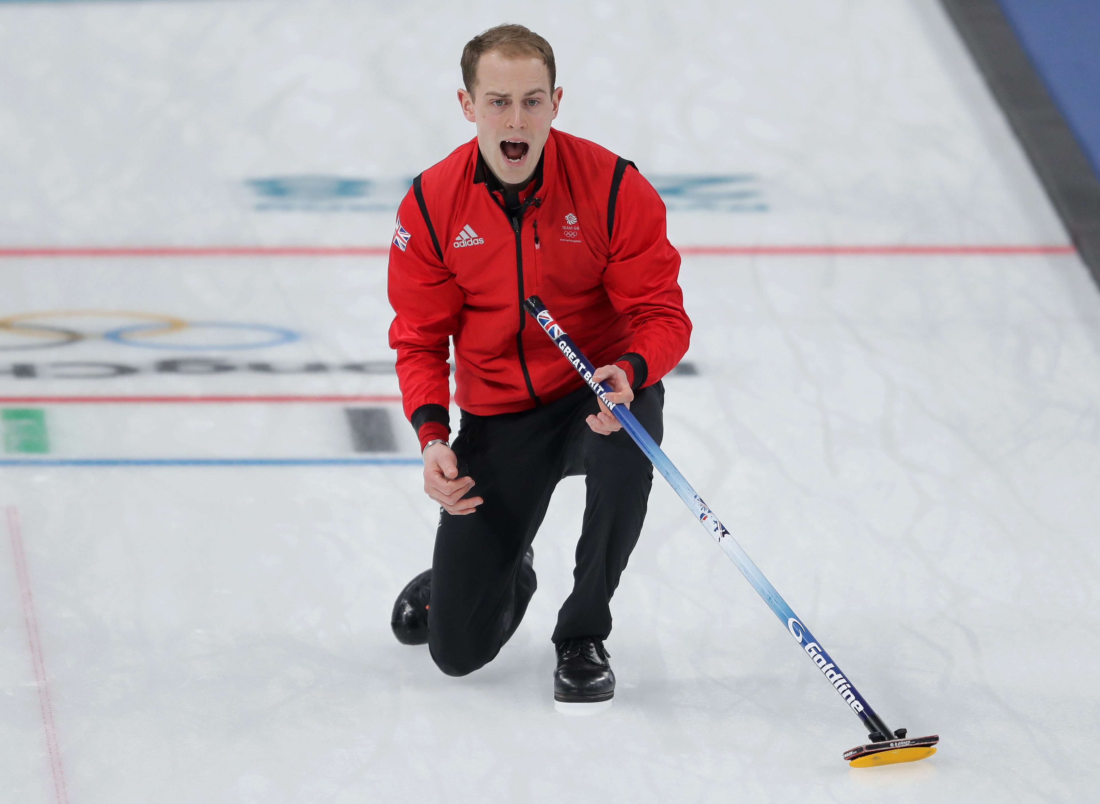 GANGNEUNG, SOUTH KOREA - FEBRUARY 21: Kyle Smith of Team GB in action during the Great Britain v USA Men's Curling round robin matches on day 12 of the Pyeongchang 2018 Winter Olympics at Gangneung Curling Centre on February 21, 2018 in Gangneung, South Korea. (Photo by Richard Heathcote/Getty Images)