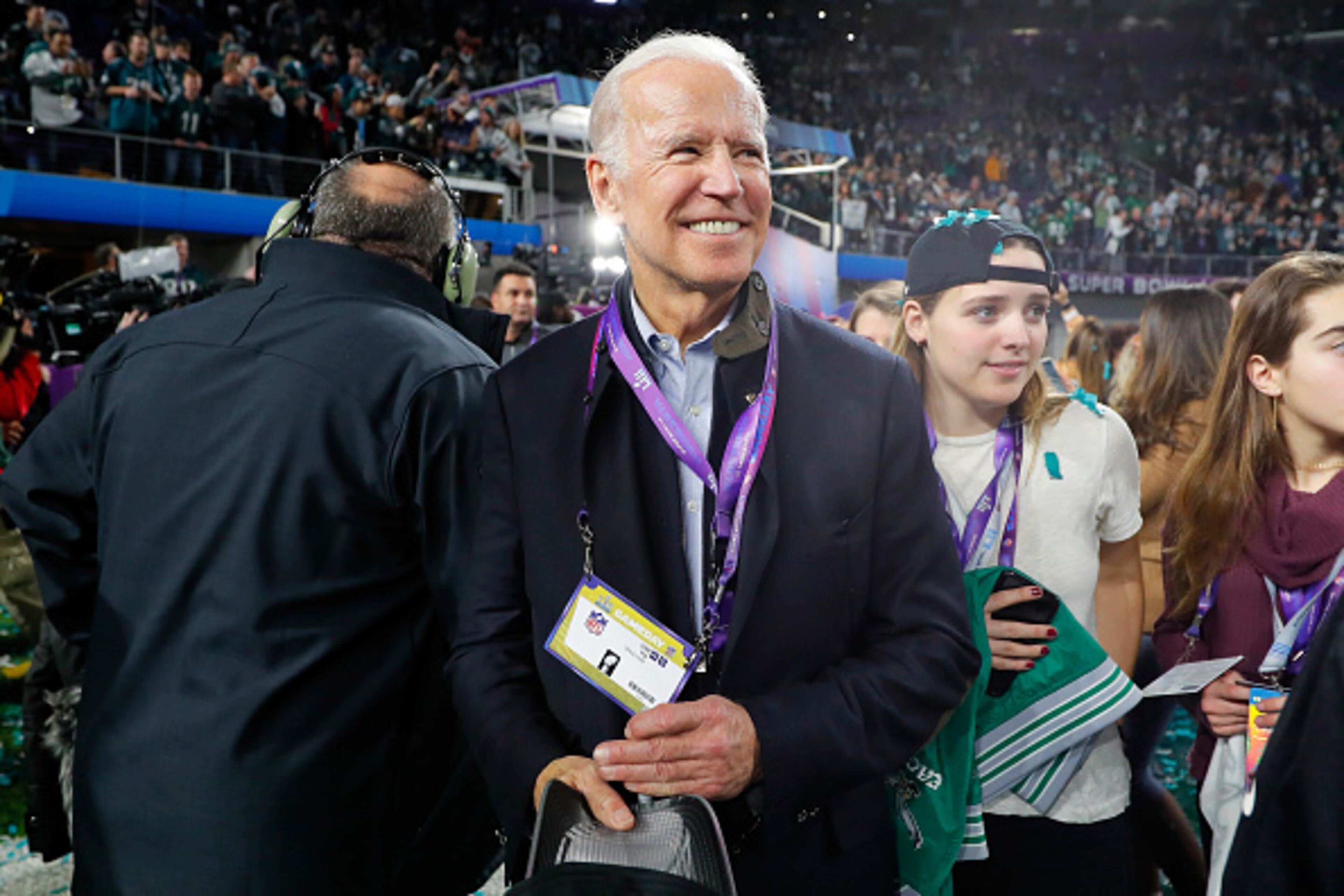 MINNEAPOLIS, MN - FEBRUARY 04: Former Vice President Joe Biden looks on during the celebrations after the Philadelphia Eagles win over the New England Patriots in Super Bowl LII at U.S. Bank Stadium on February 4, 2018 in Minneapolis, Minnesota. The Philadelphia Eagles defeated the New England Patriots 41-33. (Photo by Kevin C. Cox/Getty Images)