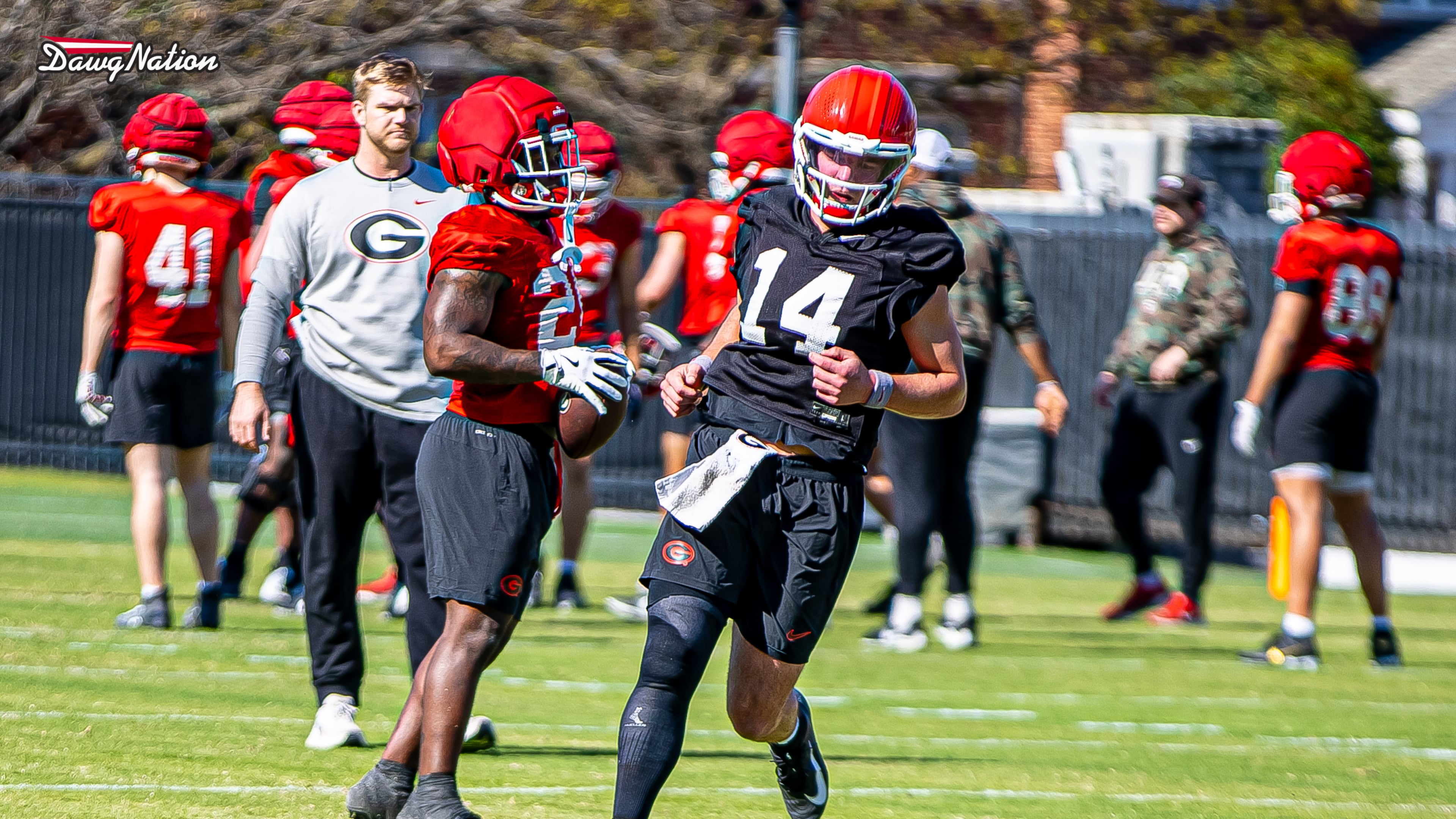 Georgia quarterback Gunner Stockton wears a sleeve on his right leg as he takes part in the second day of spring practice March 19. (Staff/DawgNation)