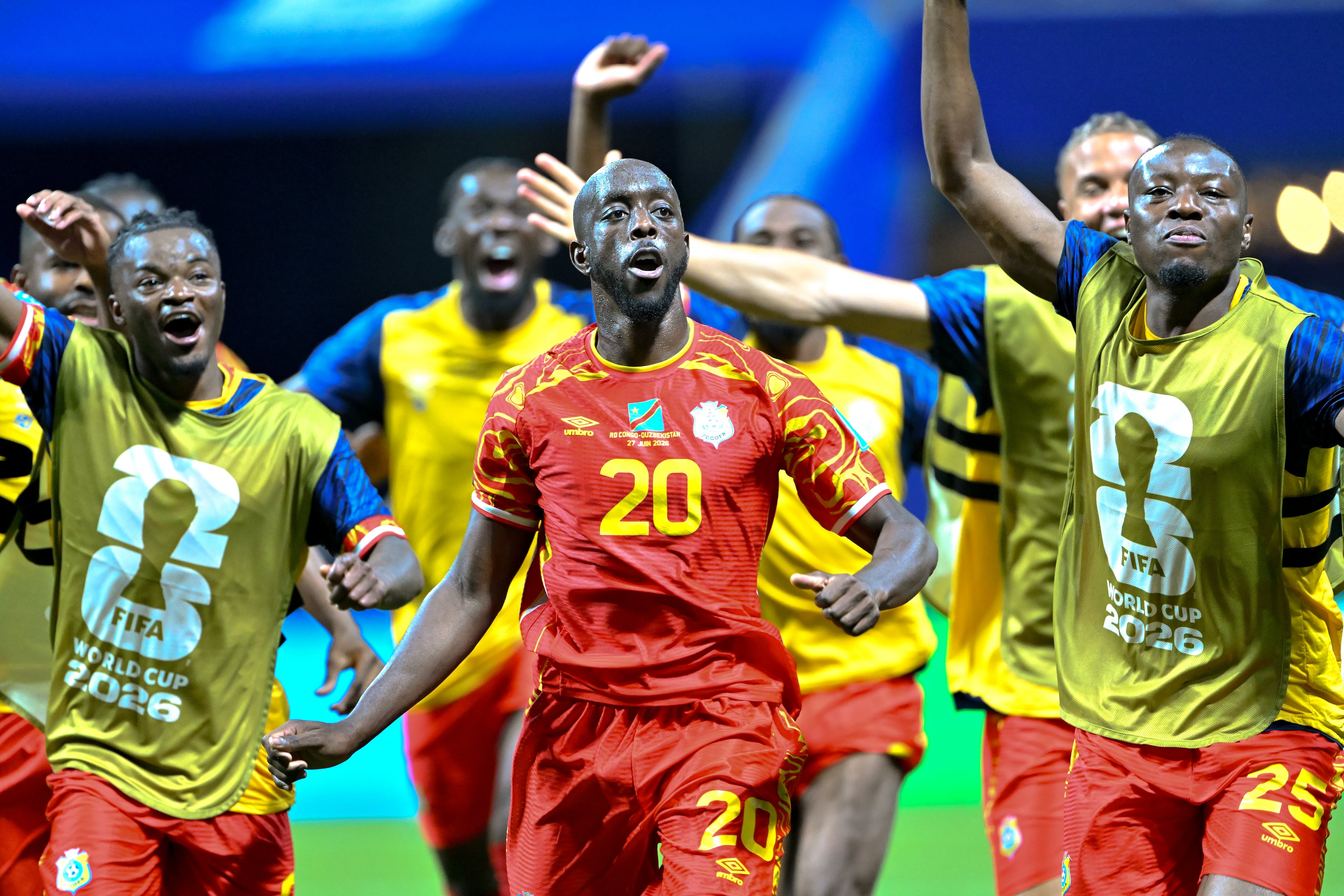 DR Congo forward Yoane Wissa (20) reacts after a win against Uzbekistan during the second half of a FIFA World Cup match at Atlanta Stadium (Mercedes-Benz Stadium) on Saturday, June 27, 2026, in Atlanta. (Hyosub Shin/AJC)