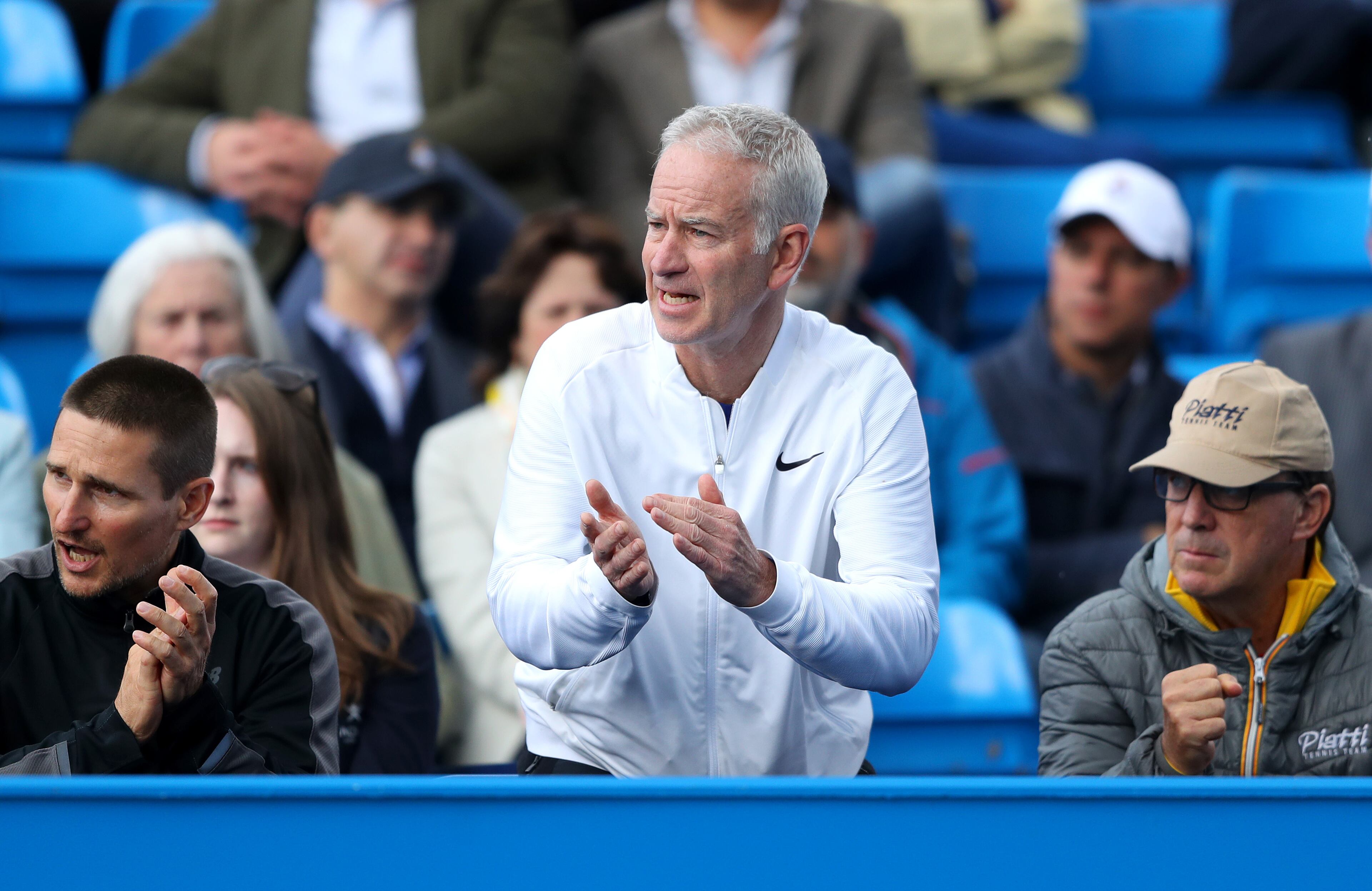 John McEnroe of the USA and coach to Milos Raonic of Canada looks on during the quarterfinal match against Roberto Bautista Agut of Spain during Day 5 of The Aegon Championships at The Queens Club on June 17, 2016 in London, England. (Photo by Richard Heathcote/Getty Images)