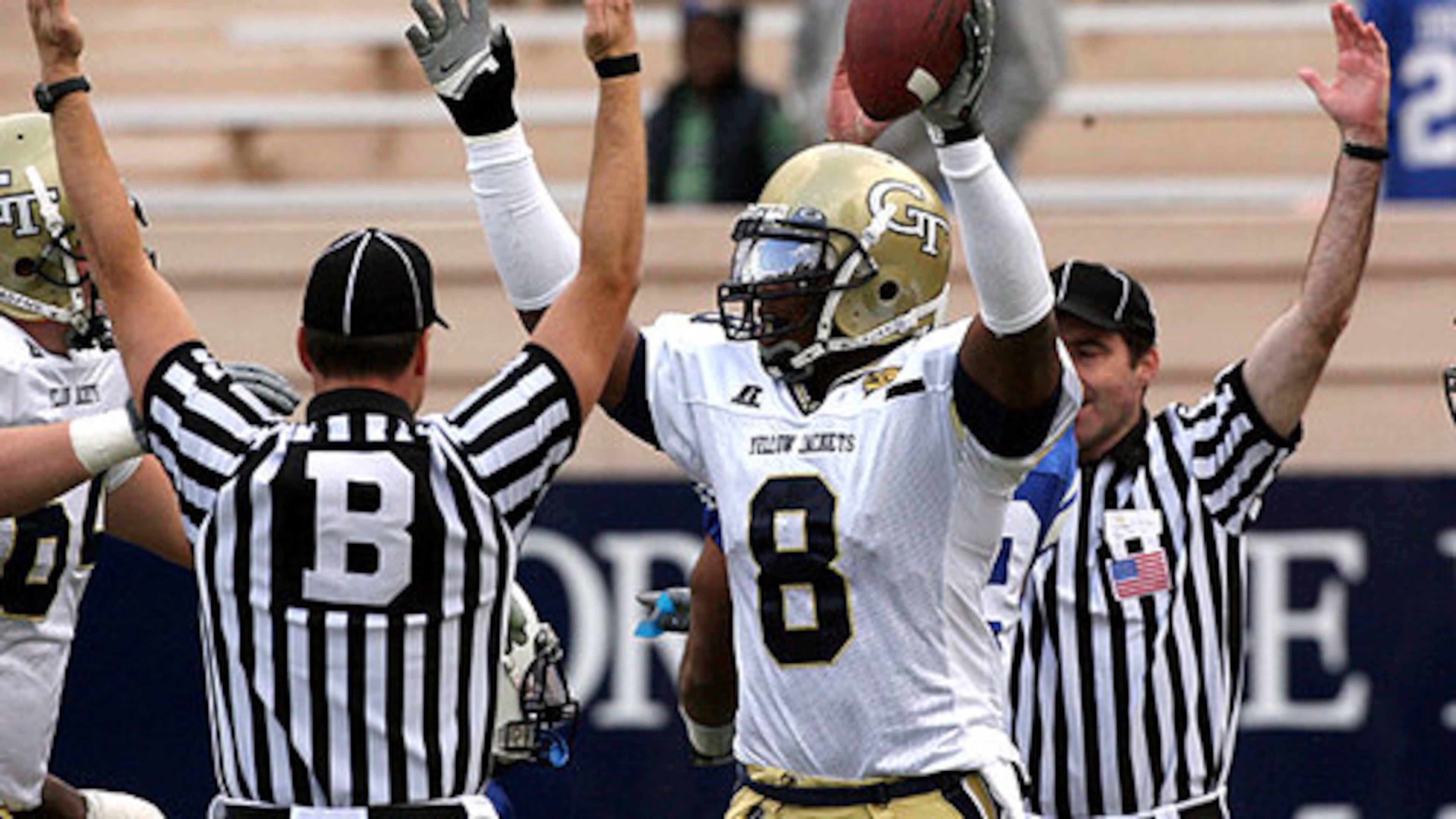 Georgia Tech wide receiver Demaryius Thomas (8) celebrates after recovering a fumble for a touchdown.