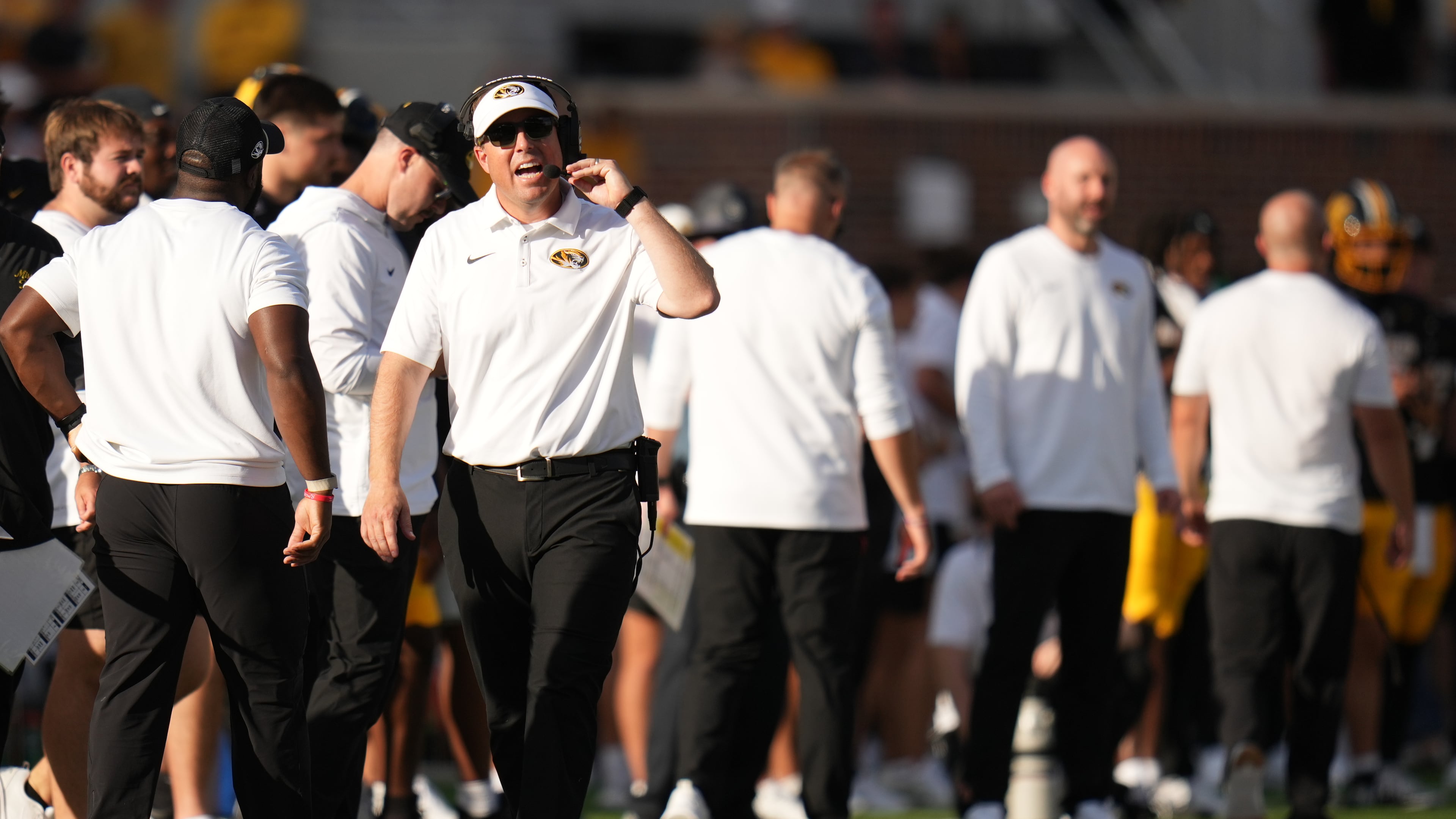 Missouri head coach Eli Drinkwitz watches from the sidelines during the second half of an NCAA college football game against Florida Saturday, Oct. 3, 2026, in Columbia, Mo. (AP Photo/Jeff Roberson)