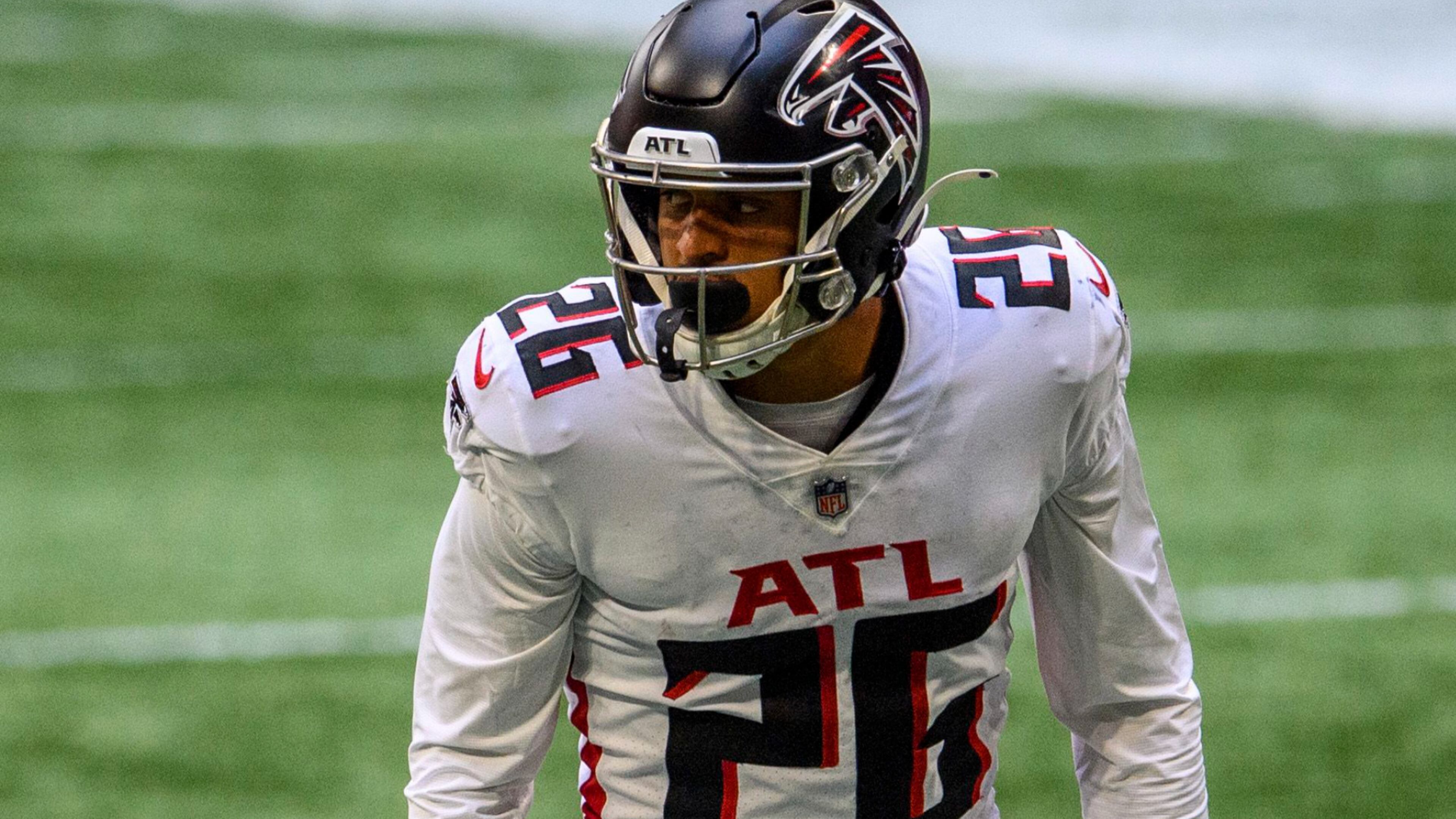Atlanta Falcons cornerback Isaiah Oliver (26) lines up against the Denver Broncos during the second half of an NFL football game, Sunday, Nov. 8, 2020, in Atlanta. The Atlanta Falcons won 34-27. (AP Photo/Danny Karnik)