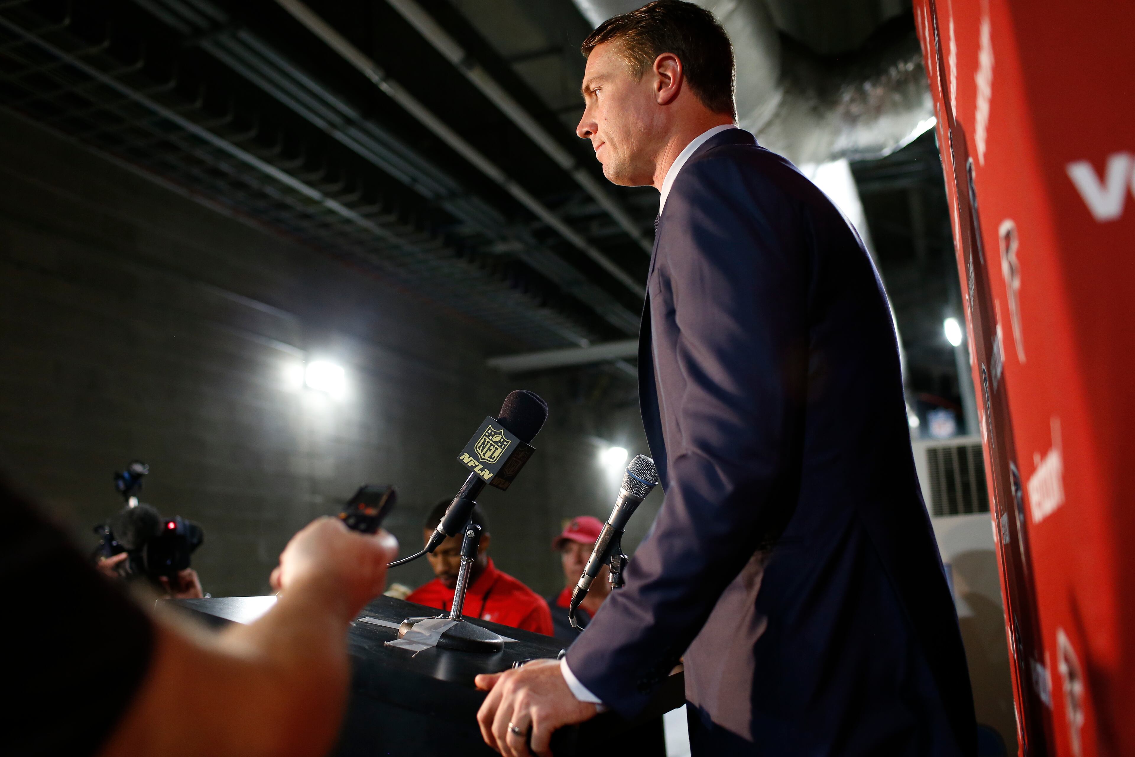 Atlanta Falcons quarterback Matt Ryan speaks to the media following an NFL football game against the Tampa Bay Buccaneers Sunday, Dec. 6, 2015, in Tampa, Fla. (AP Photo/Brian Blanco)