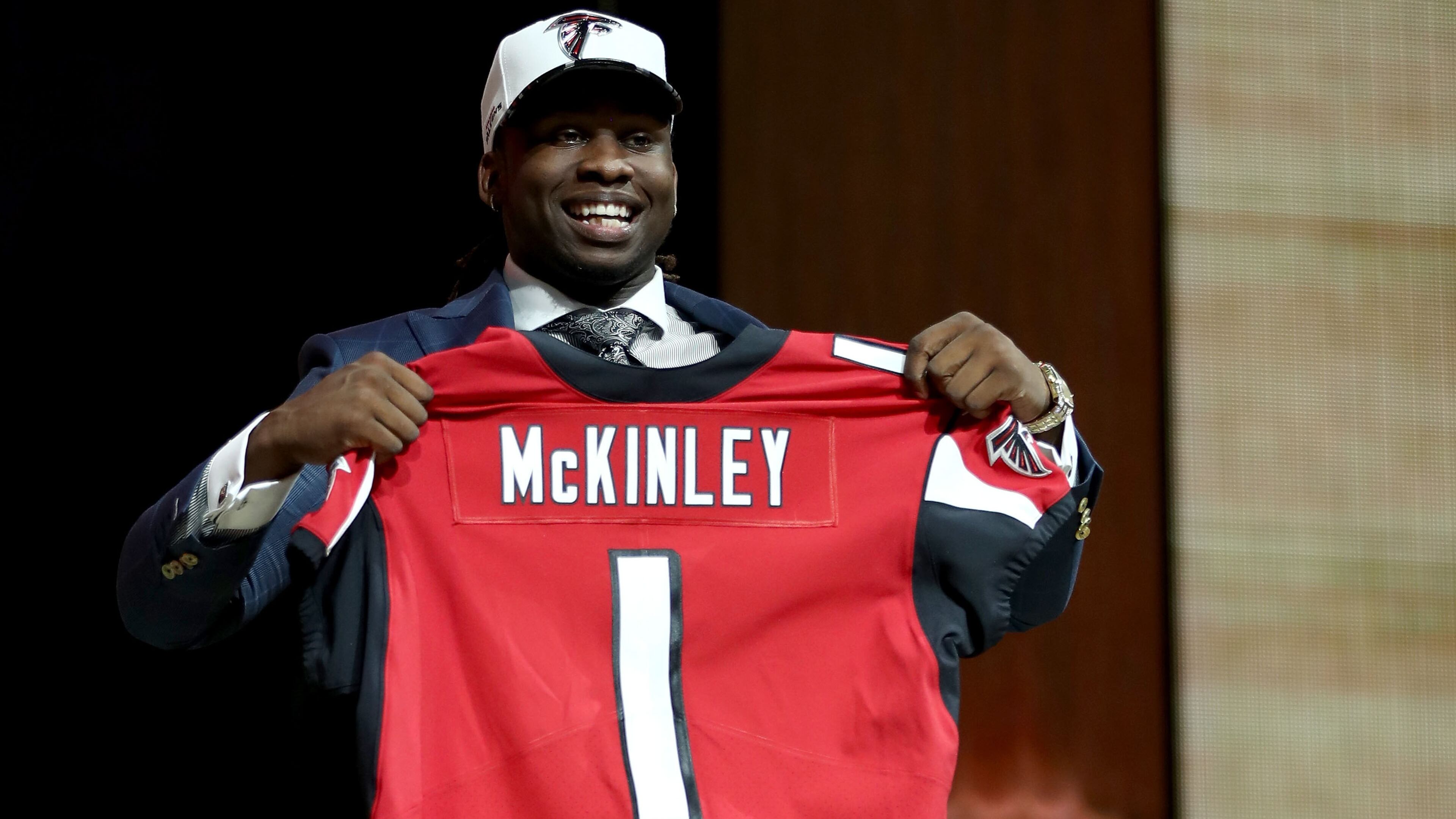 PHILADELPHIA, PA - APRIL 27: Takkarist McKinley of UCLA reacts after being picked #26 overall by the Atlanta Falcons during the first round of the 2017 NFL Draft at the Philadelphia Museum of Art on April 27, 2017 in Philadelphia, Pennsylvania. (Photo by Elsa/Getty Images)