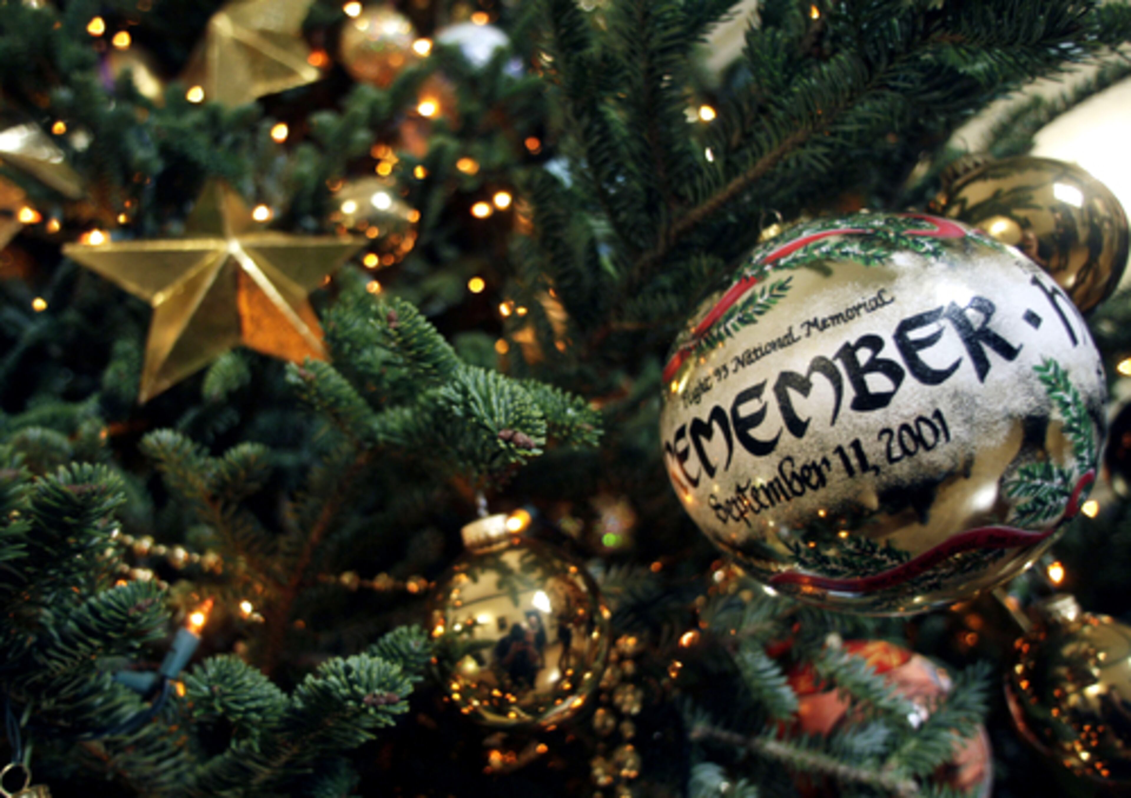 Washington, D.C.: An ornament honoring the Flight 93 National Monument hangs on the Christmas tree in the Blue Room at the White House.