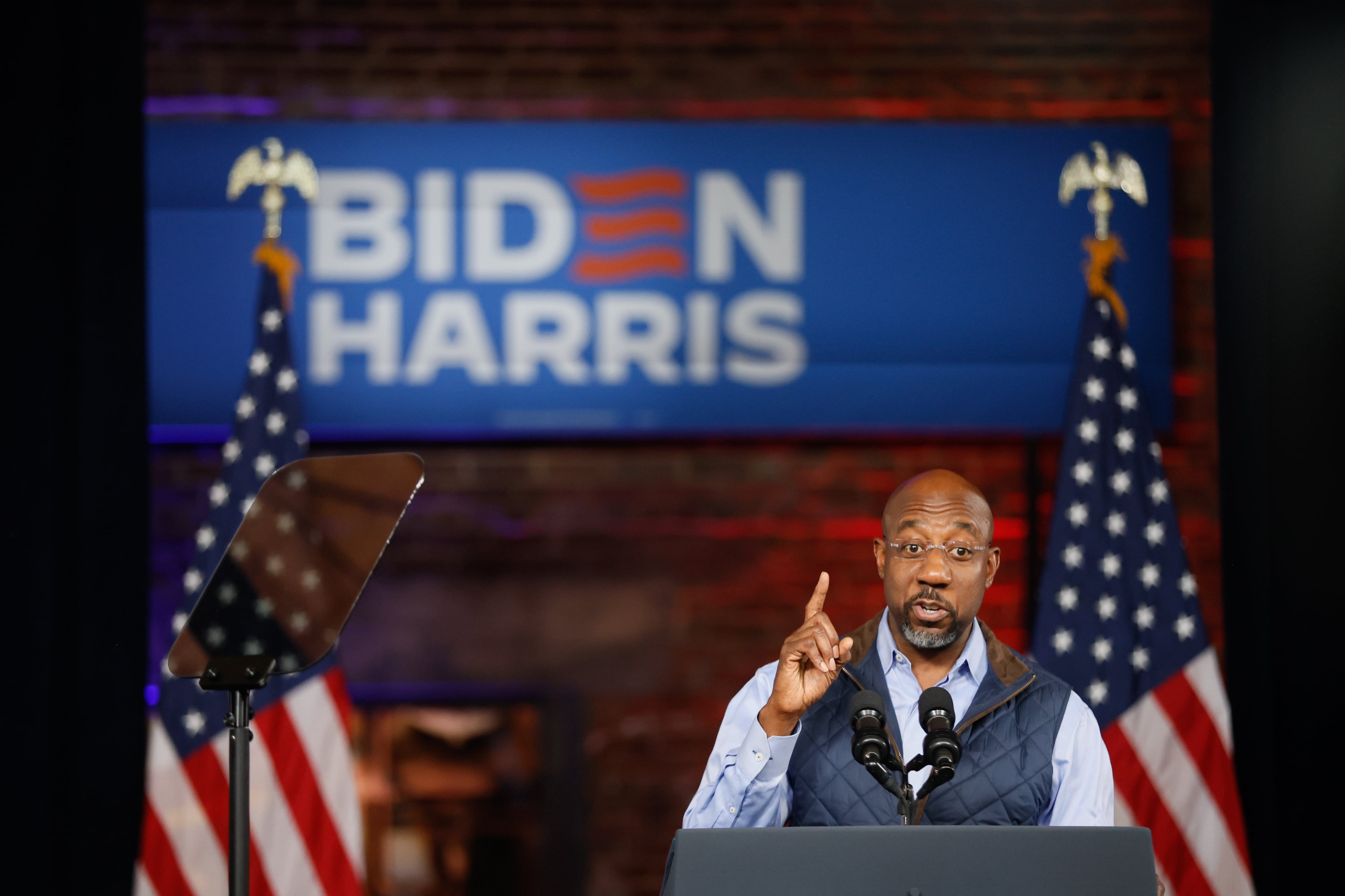 U.S. Sen. Raphael Warnock, D-Ga., talks to the crowd during President Joe Biden's rally at Pullman Yard in Atlanta on Saturday, March 9, 2024. (Steve Schaefer/steve.schaefer@ajc.com)