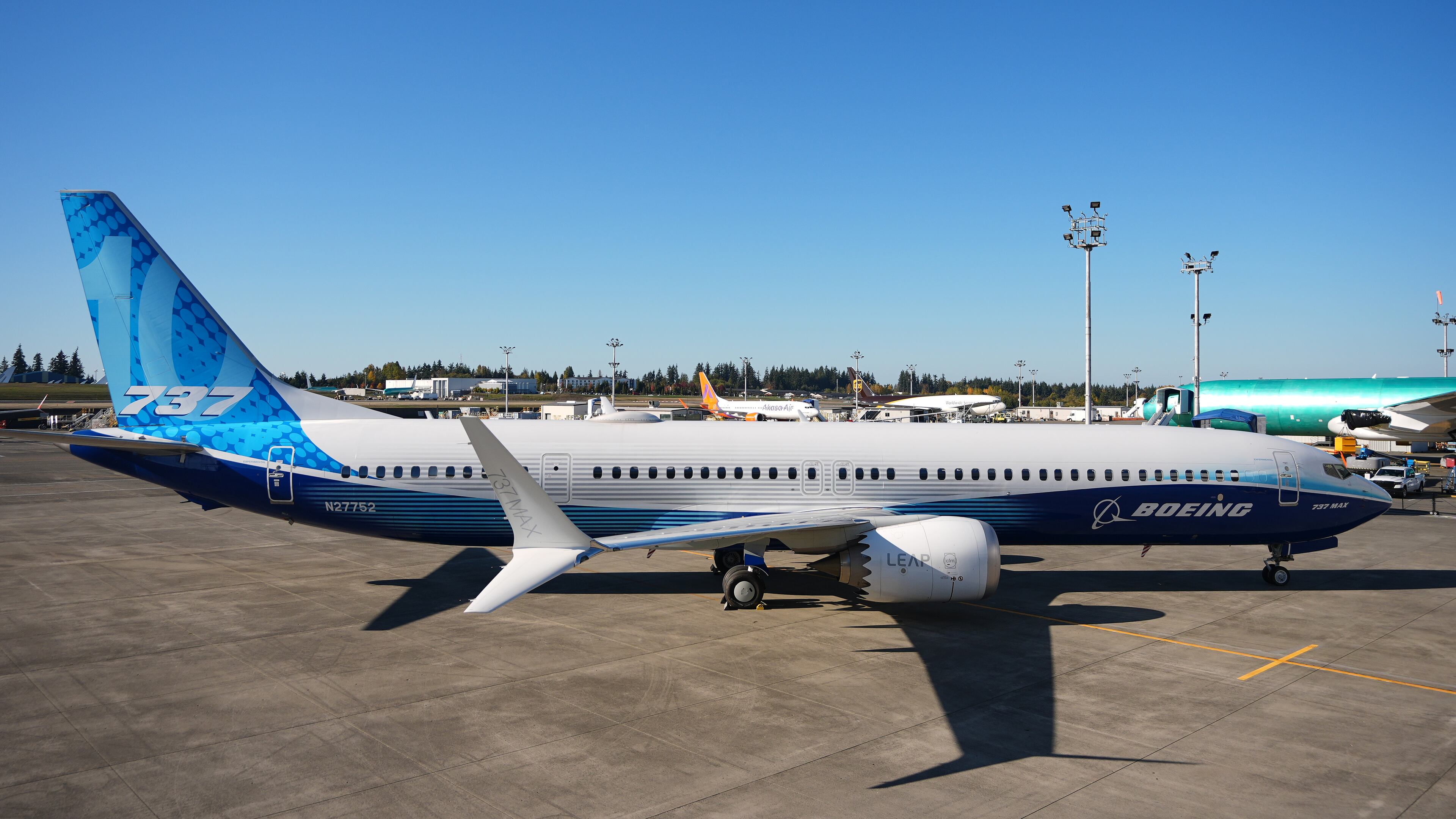 A Boeing 737 Max 10 aircraft is seen Tuesday, Oct. 20, 2026, at Boeing's factory in Everett, Wash. (AP Photo/Lindsey Wasson)