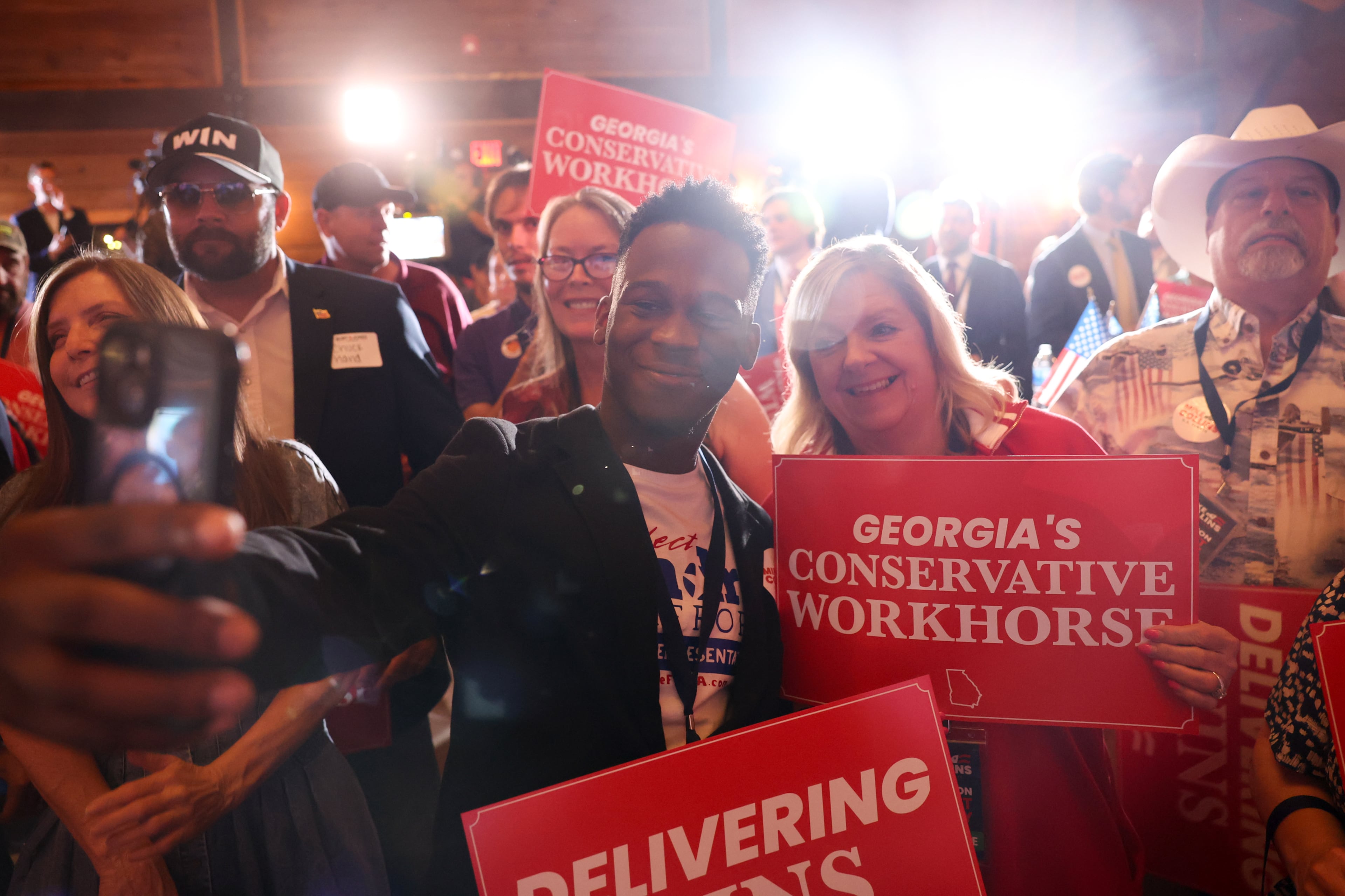 Andre Stafford, the GOP nominee in Smyrna-based House District 42, seen here at an election watch party U.S. Rep. Mike Collins in Jackson in May. (Arvin Temkar/AJC)