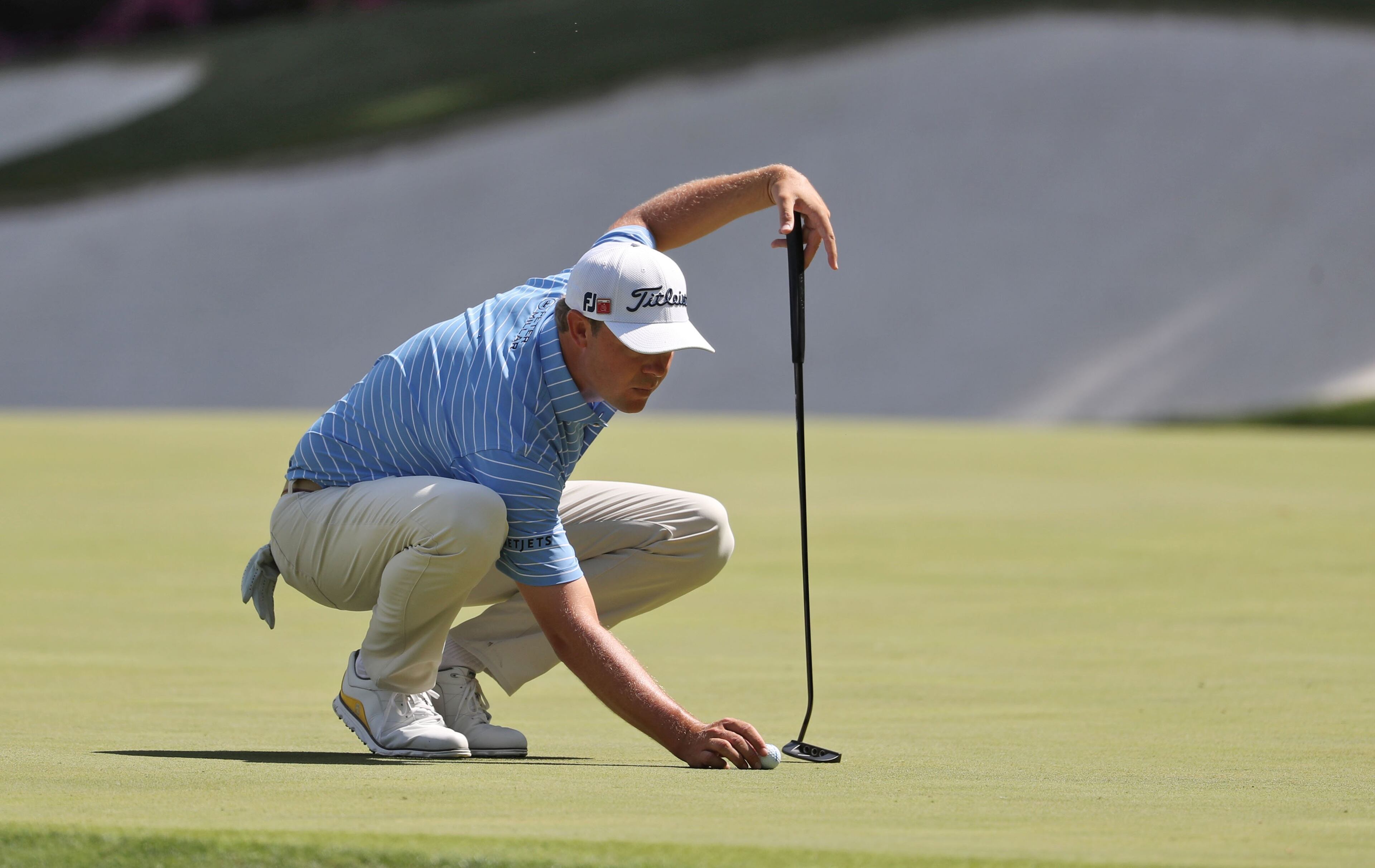 April 11, 2019 - Augusta - Patton Kizzire lines up his putt on thirteen during the first round of the Masters Tournament Thursday, April 11, 2019, at Augusta National Golf Club in Augusta. Jason Getz / Special to the AJC