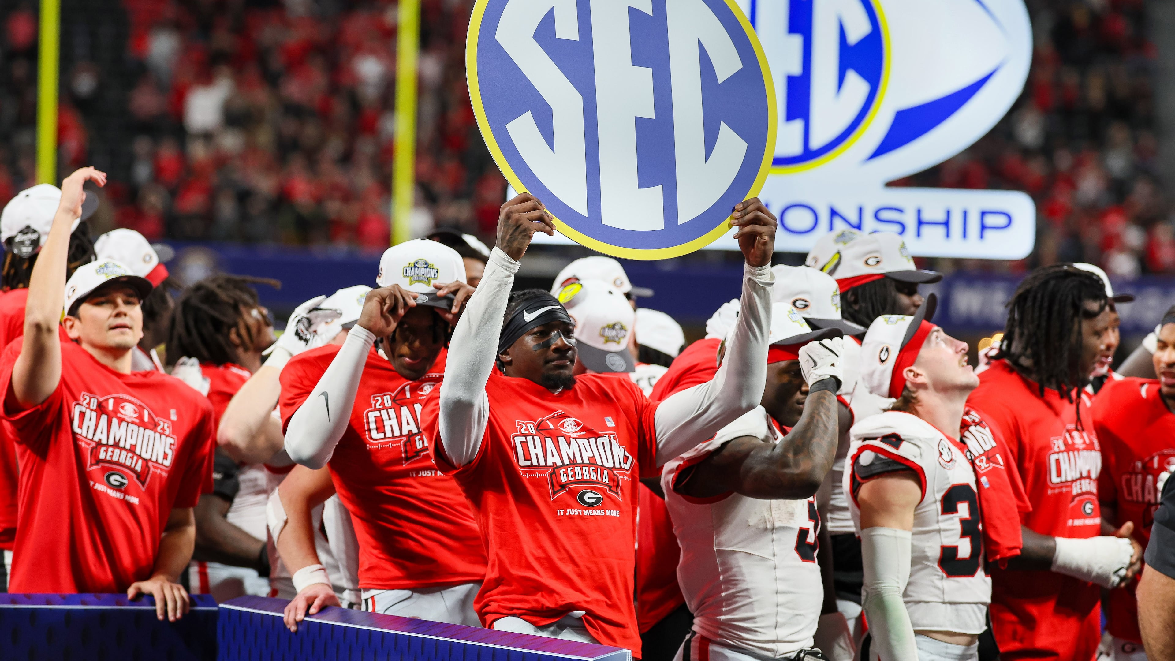 Georgia defensive back Ellis Robinson IV celebrates a 28-7 victory against Alabama in the SEC Championship Game at Mercedes-Benz Stadium on Saturday, Dec. 6, 2025, in Atlanta. (Jason Getz/AJC)
