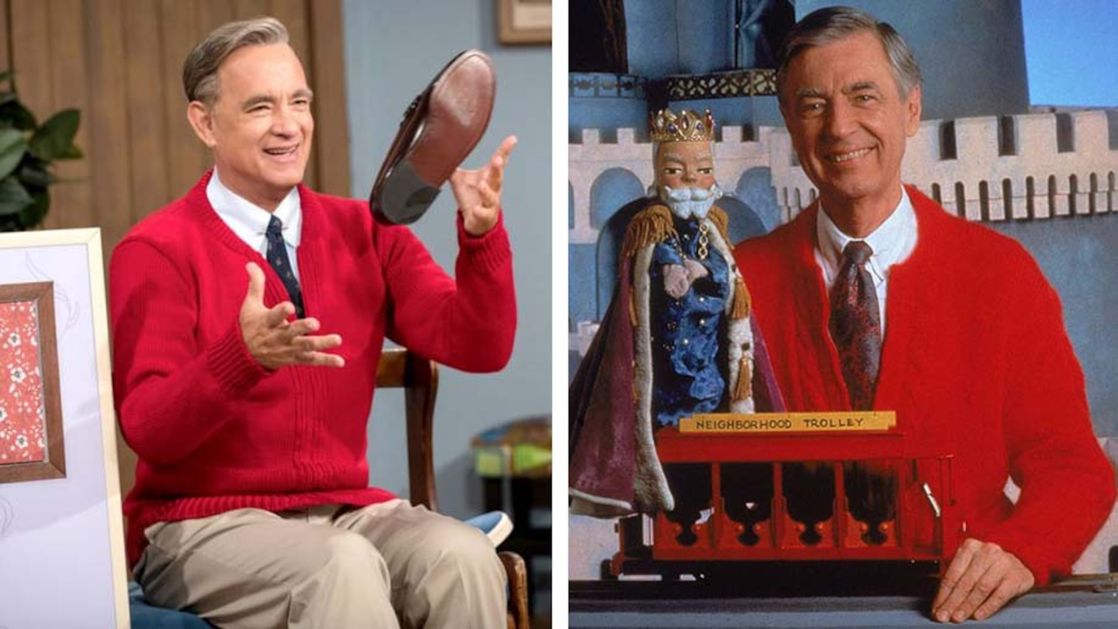Actor Tom Hanks, left, channeling the real Fred Rogers', right, on the set of the new film 'A Beautiful Day in the Neighborhood.' Sony released a shot of Hanks as Rogers in honor of the iconic TV host's birthday. He would have turned 91 Wednesday.