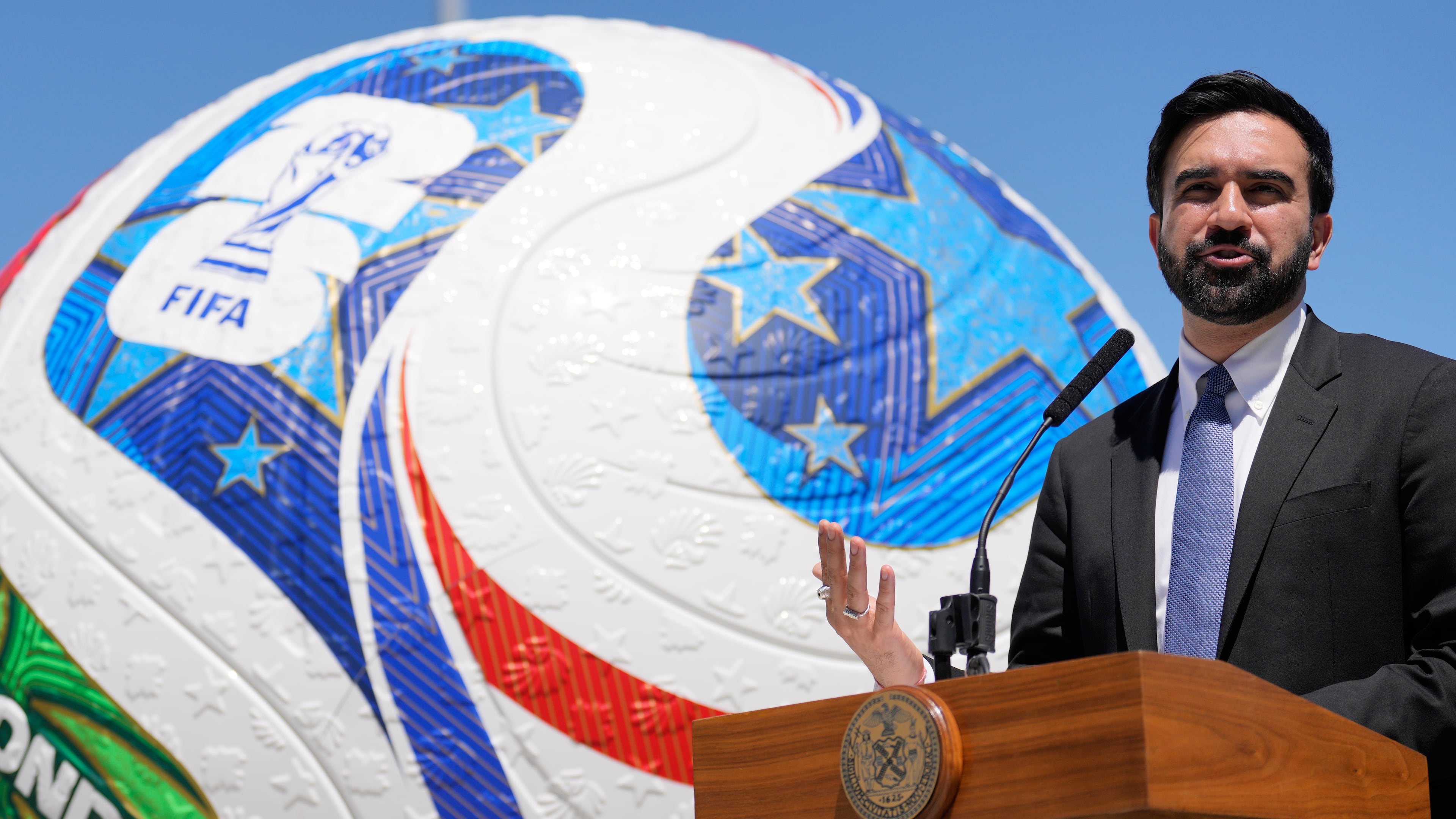 New York City Mayor Zohran Mamdani speaks in front of a large soccer ball during a news conference in the Staten Island borough of New York, Monday, April 27, 2026. (AP Photo/Seth Wenig)