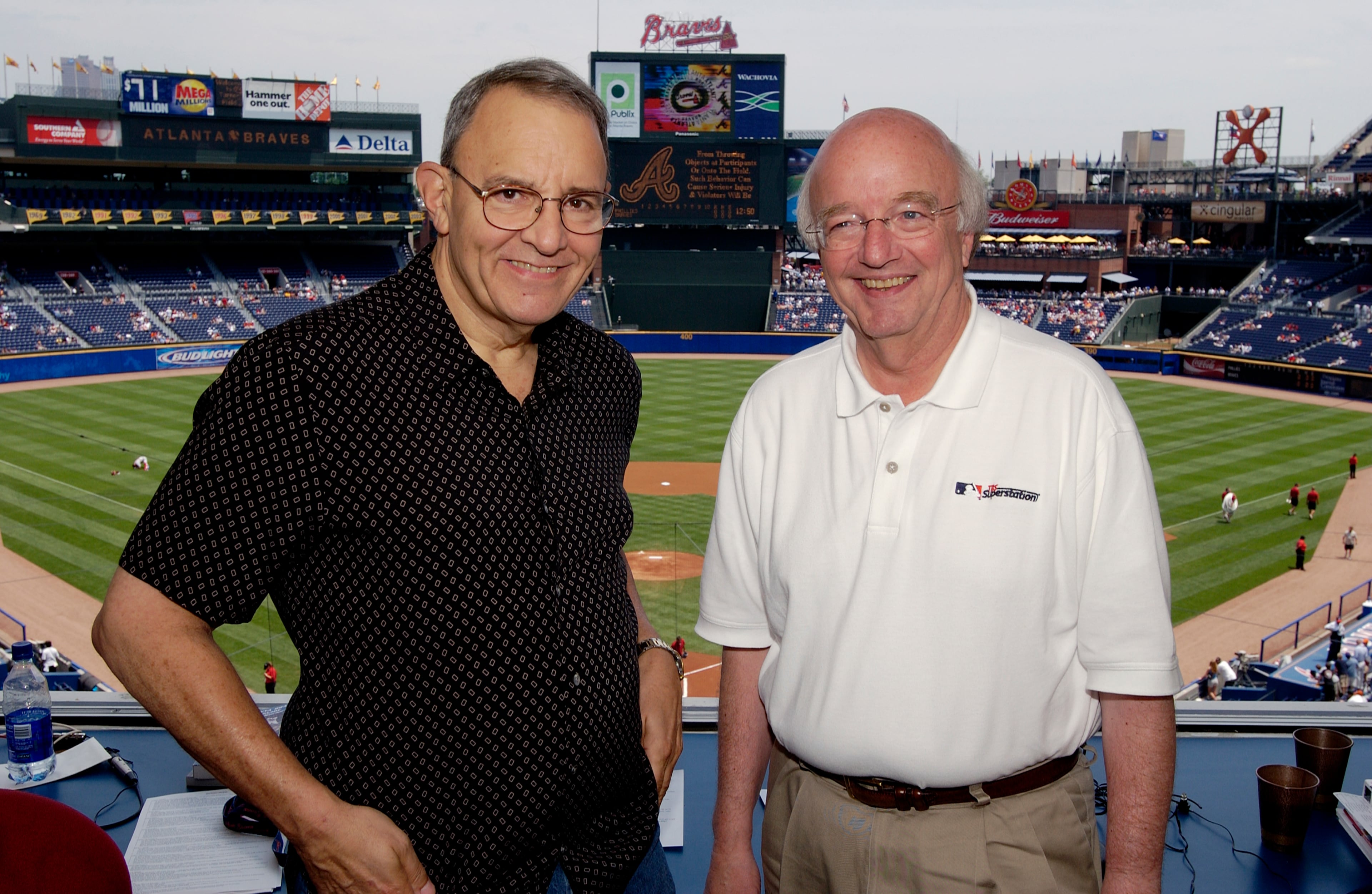 Braves broadcasters Skip Caray, left, and Pete Van Wieren in the booth at Turner Field on June 5, 2004. (Photo by Ted Pio Roda / Photo courtesy of the Atlanta Braves)