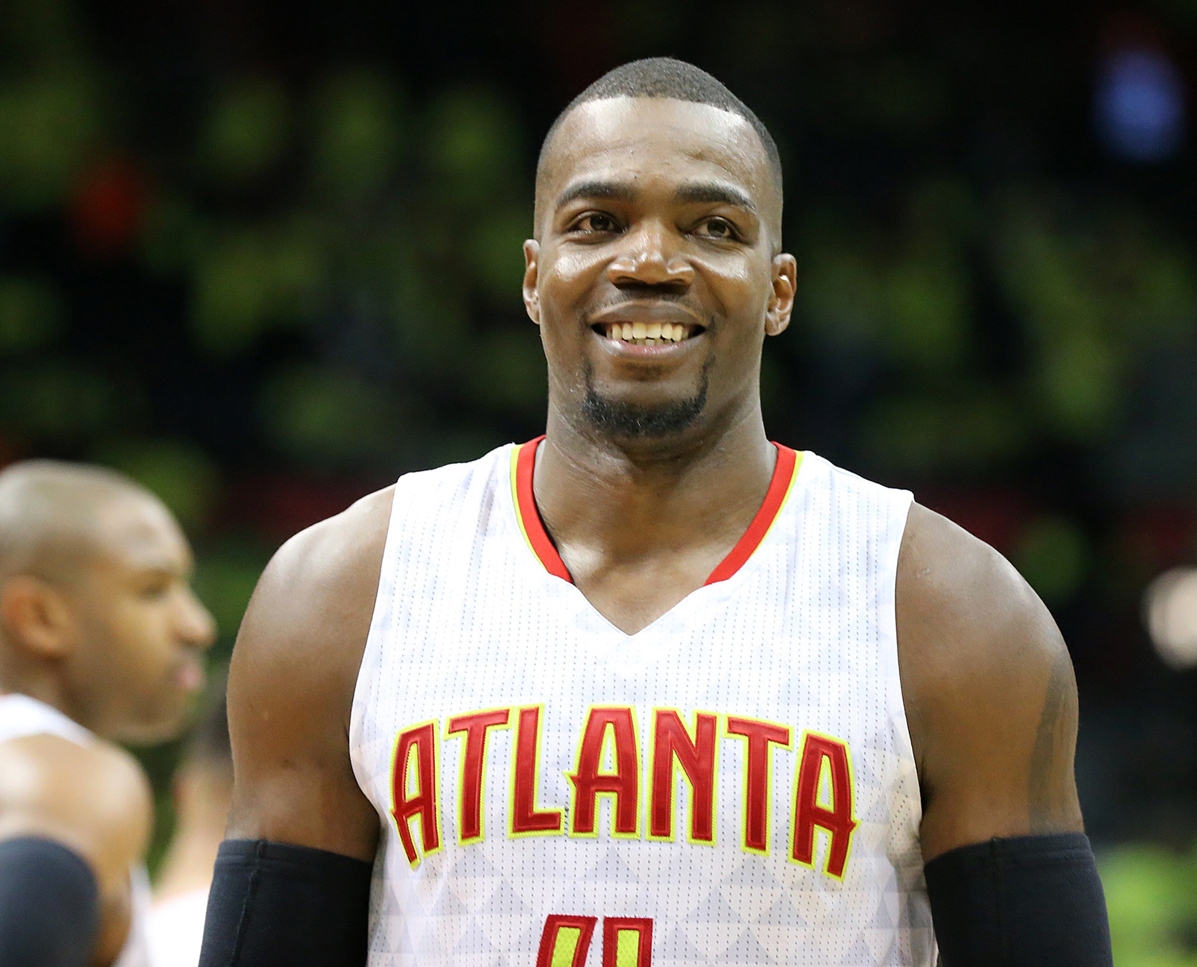 041616 ATLANTA: Hawks Paul Millsap is all smiles with less than a second left on the game clock sealing a 102-101 victory over the Celtics in game one of their NBA Eastern Conference first round playoff game at Philips Arena on Saturday, April 16, 2016. Curtis Compton / ccompton@ajc.com