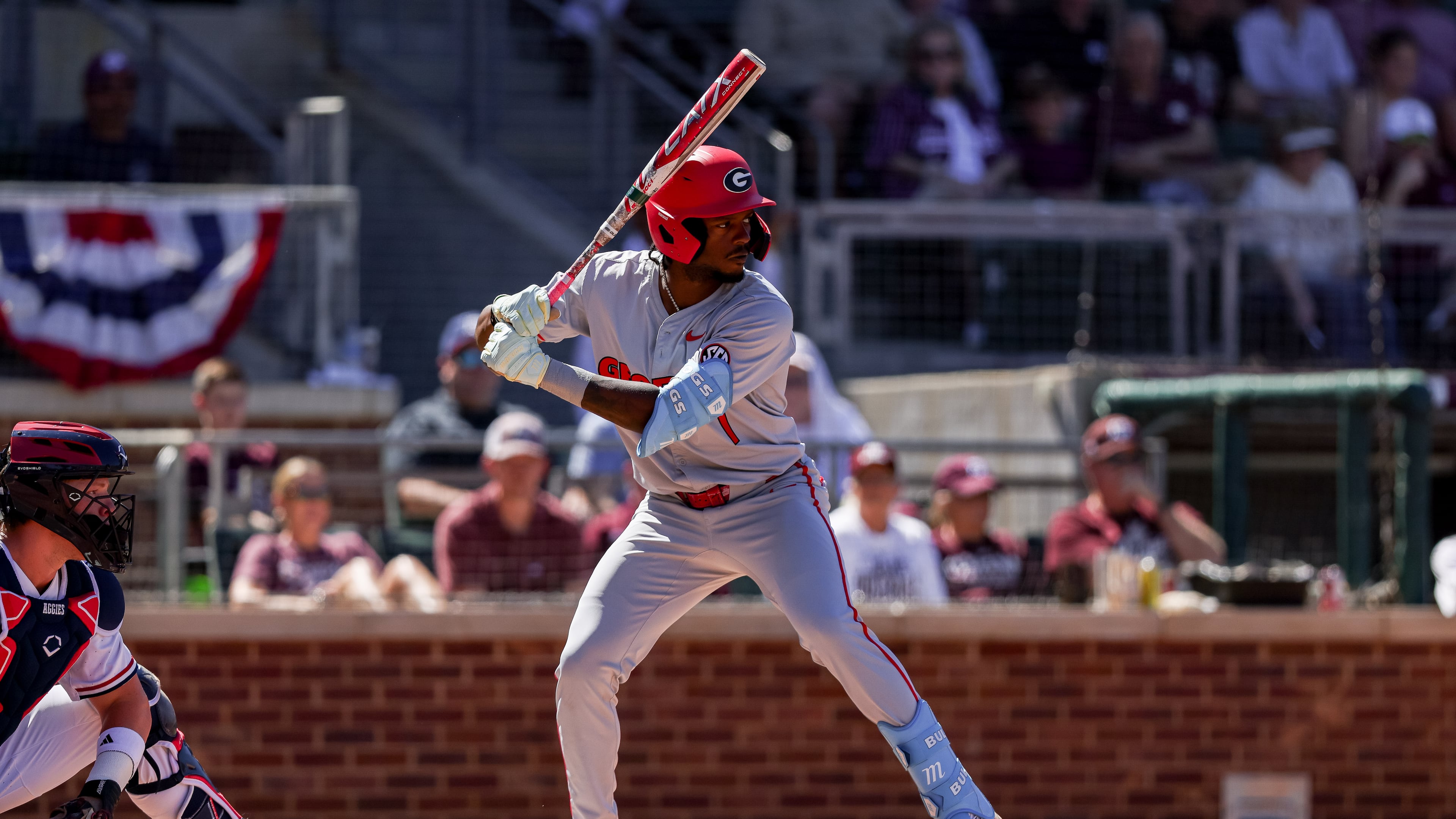 Georgia infielder and outfielder Tre Phelps bats against Texas A&M at Blue Bell Park in College Station, Texas, on Sunday, March 22, 2026. (Conor Dillon/UGAAA)
