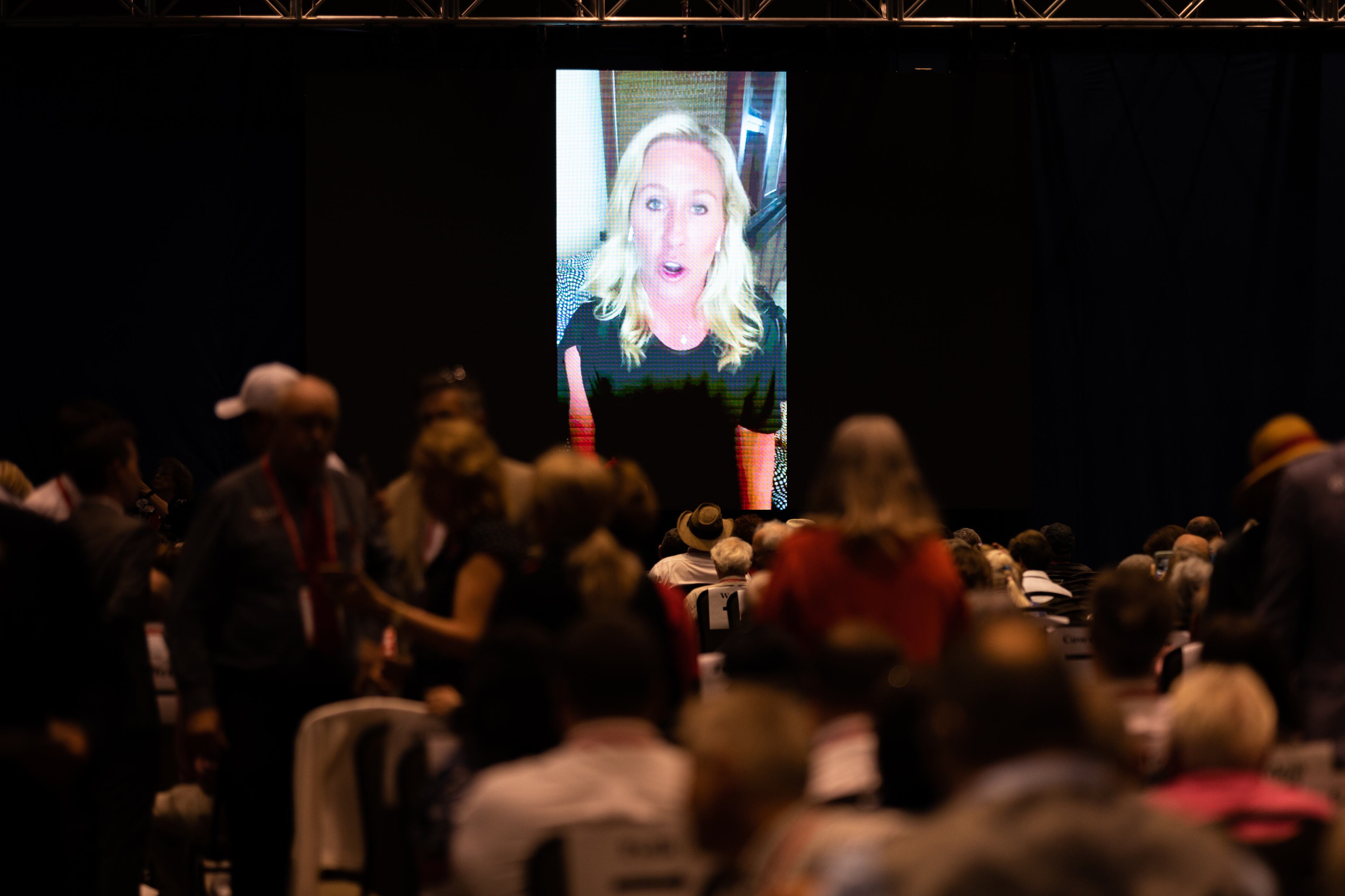 U.S. Rep. Marjorie Taylor Greene addresses, virtually, the Georgia GOP convention at Jekyll Island on Saturday, June 5, 2021. (Photo: Nathan Posner for The Atlanta-Journal-Constitution)