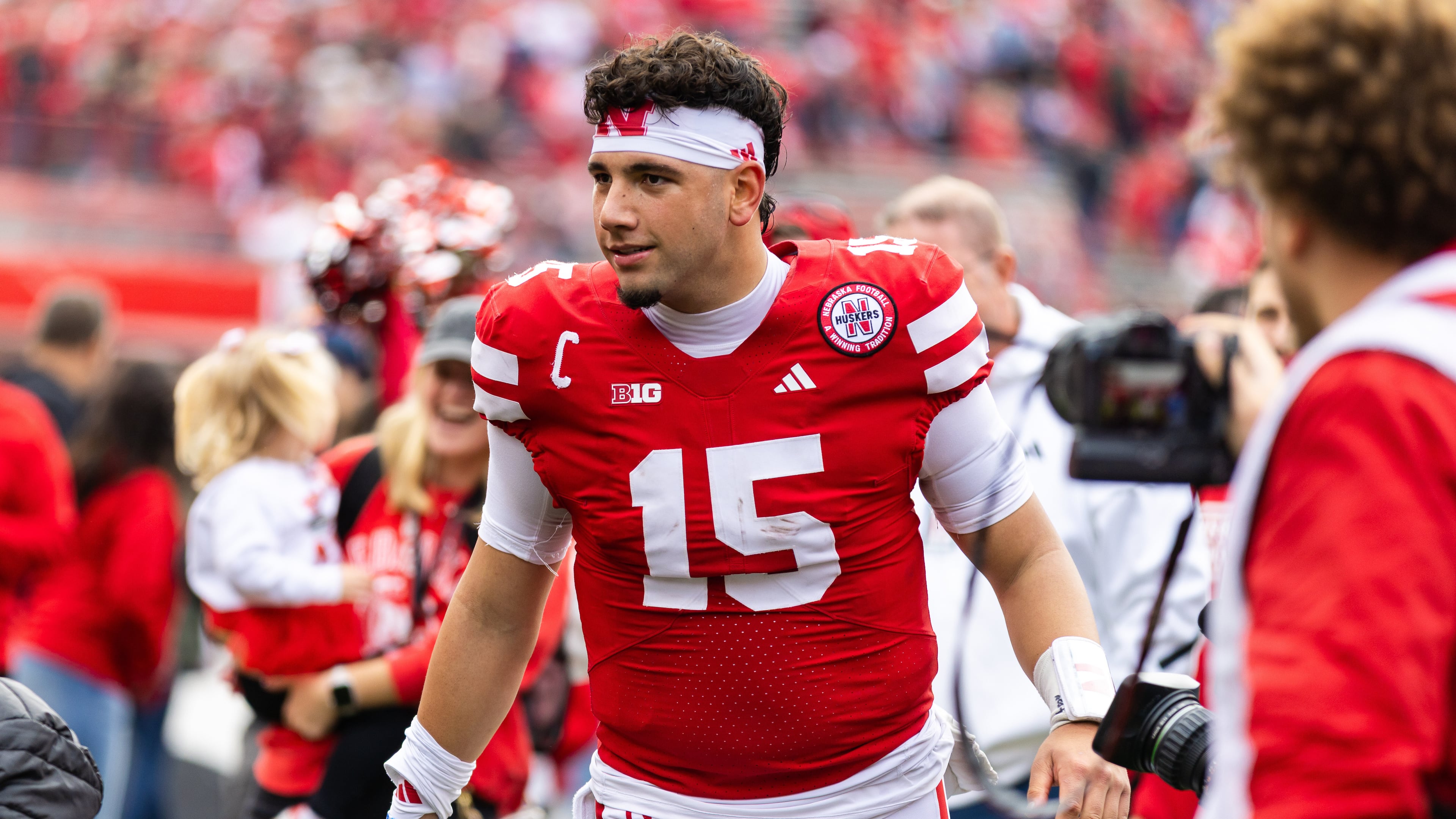 FILE - Nebraska quarterback Dylan Raiola (15) walks off the field after a win against Northwestern in an NCAA college football game, Oct. 25, 2025, in Lincoln, Neb. (AP Photo/Bonnie Ryan, File)