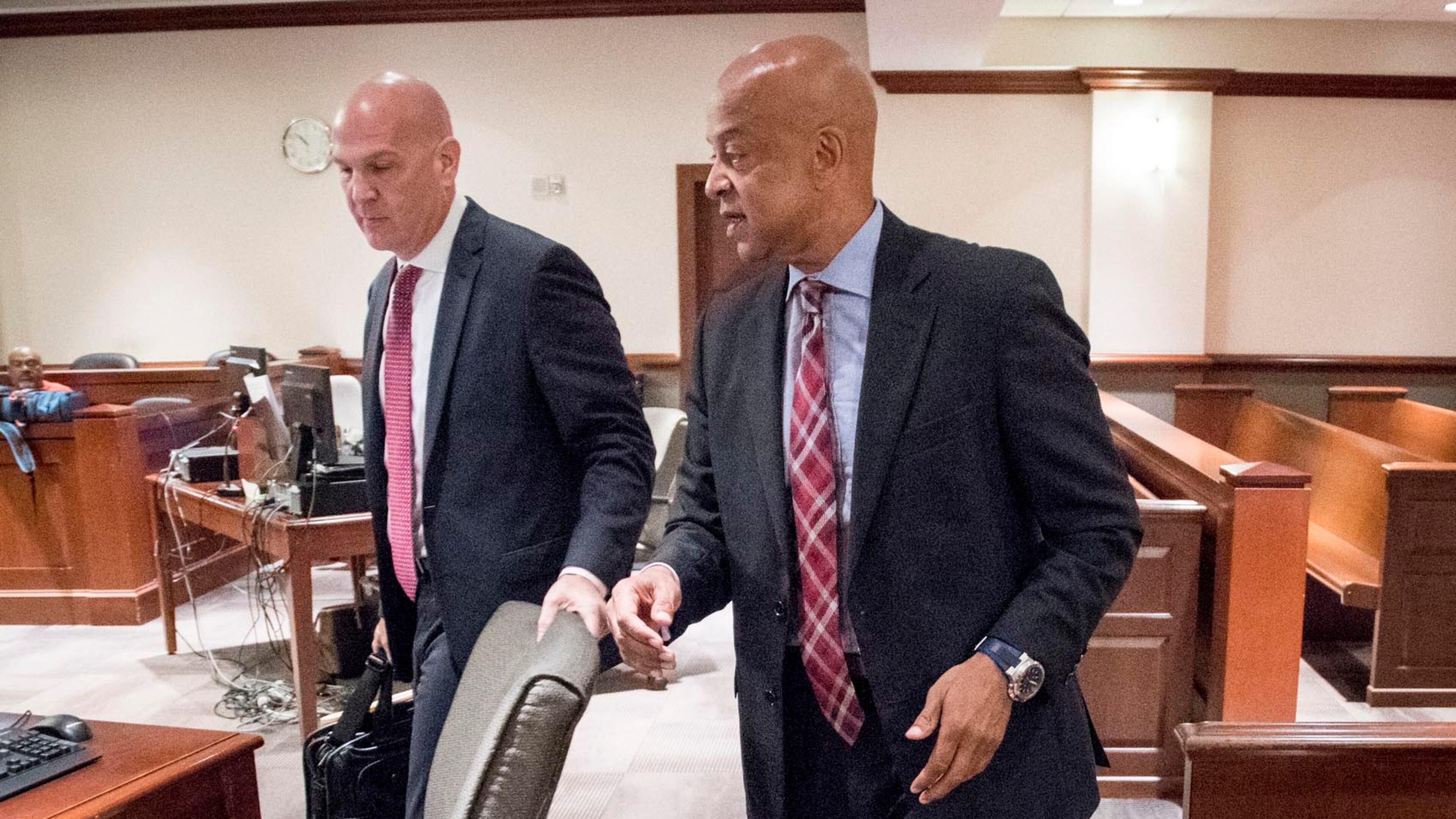DeKalb Sheriff Jeff Mann, right, and attorney Noah Pines arrive for a hearing to plead not guilty in Atlanta Municipal Court, Friday, June 2, 2017, in Atlanta. Mann was arrested and charged in Piedmont Park on May 6 for exposing himself and running from police. (JOHN AMIS)