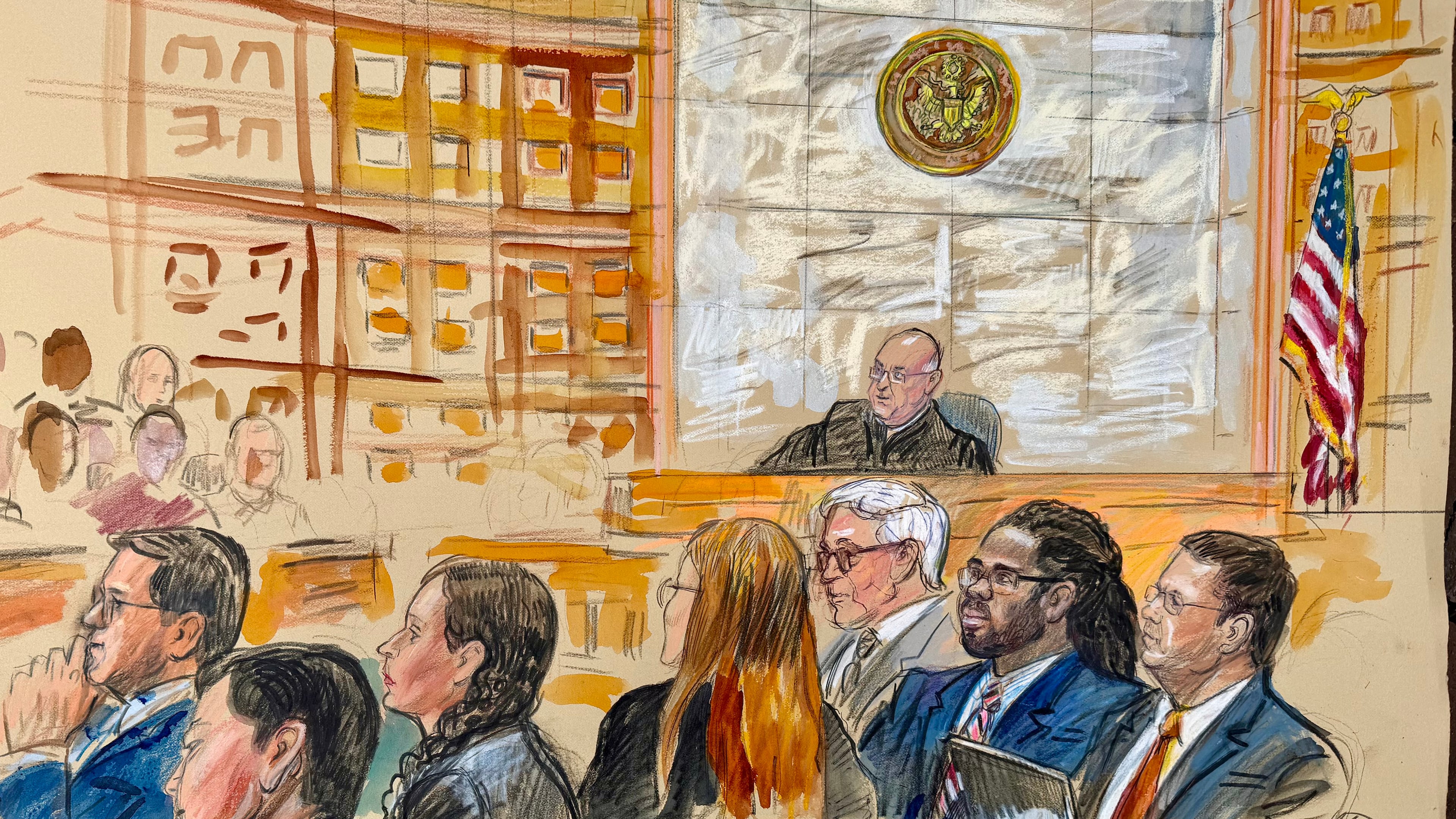This courtroom sketch depicts Trayon White, Sr., second from right, with defense attorneys Bruce Serby, right, and Warren Kohlman, third from right, before U.S. District Judge Rudolph Contrera, Friday, Sept. 11, 2026, at Federal Court in Washington. (Dana Verkouteren via AP)