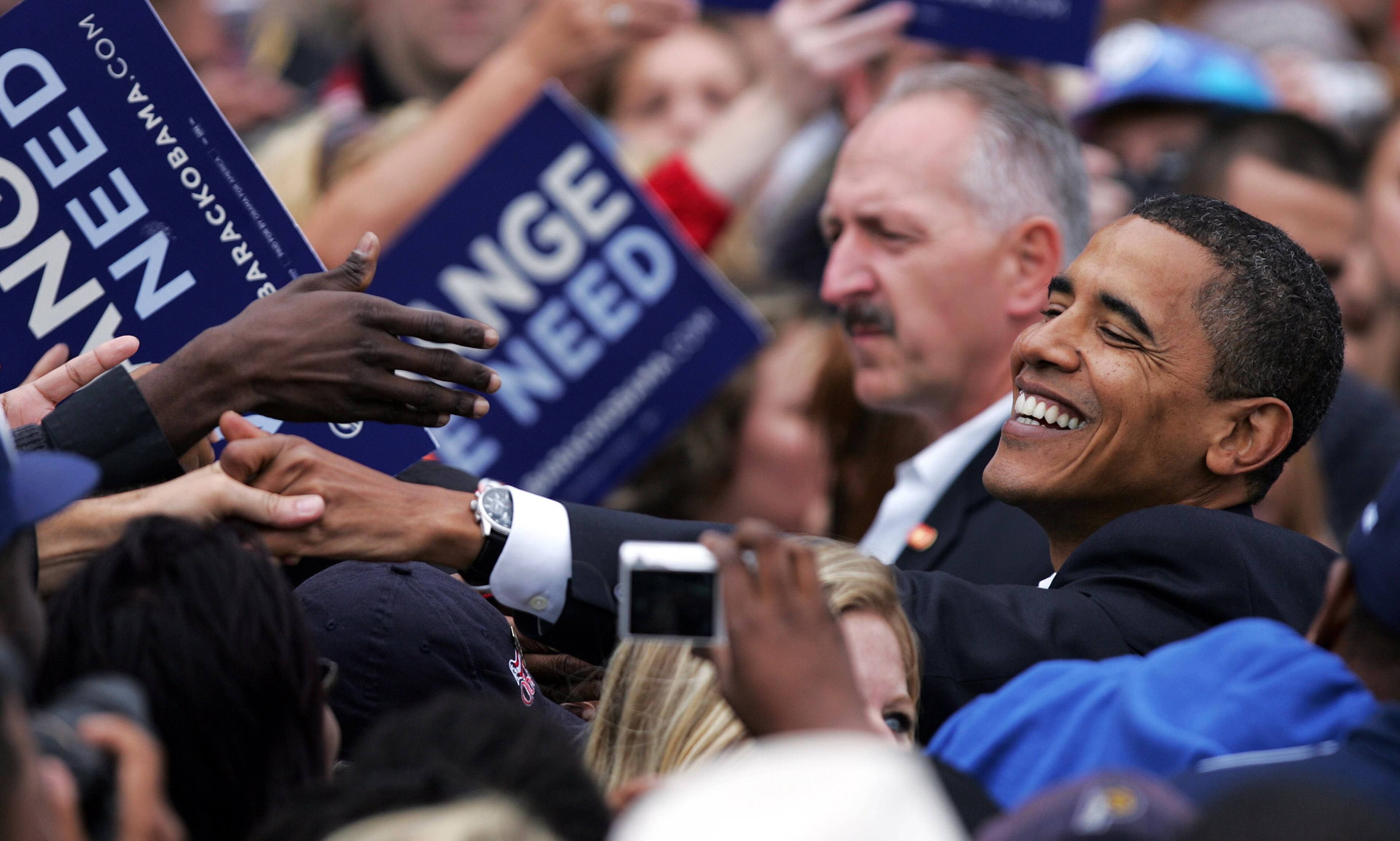 Democratic presidential nominee U.S. Sen. Barack Obama (D-IL) greets supporters during a campaign rally at the Indiana State Fairgrounds on October 8, 2009 in Indianapolis, Indiana. This was Obama's first campaign stop after his debate last night in Nashville, Tennessee.(Photo by Mark Lyons/Getty Images)