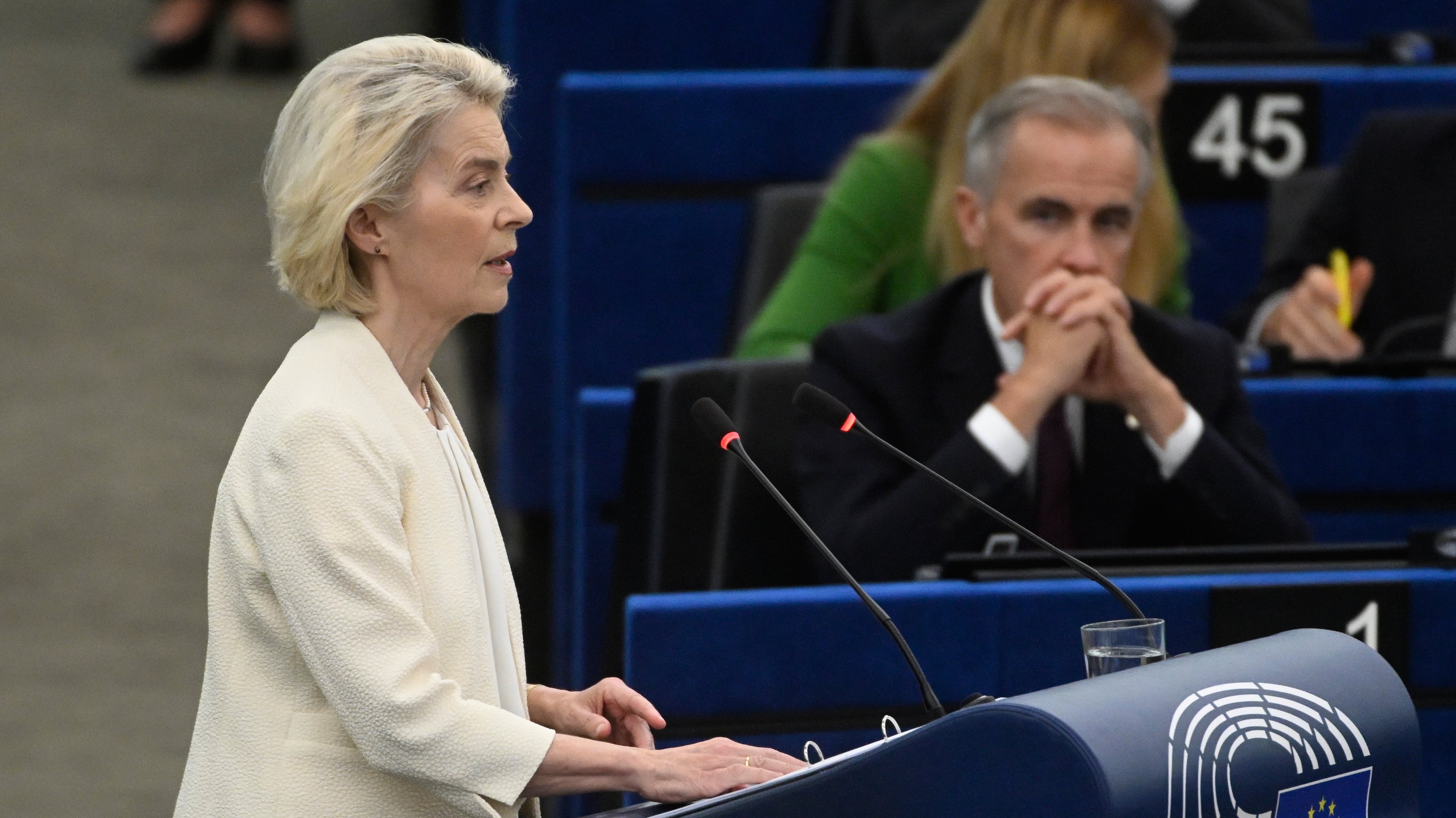 Canada's Prime Minister Mark Carney, right, listens to European Commission President Ursula von der Leyen, during the annual State of the European Union at the European Parliament in Strasbourg, eastern France, Wednesday, Sept 16, 2026. (AP Photo/Pascal Bastien)