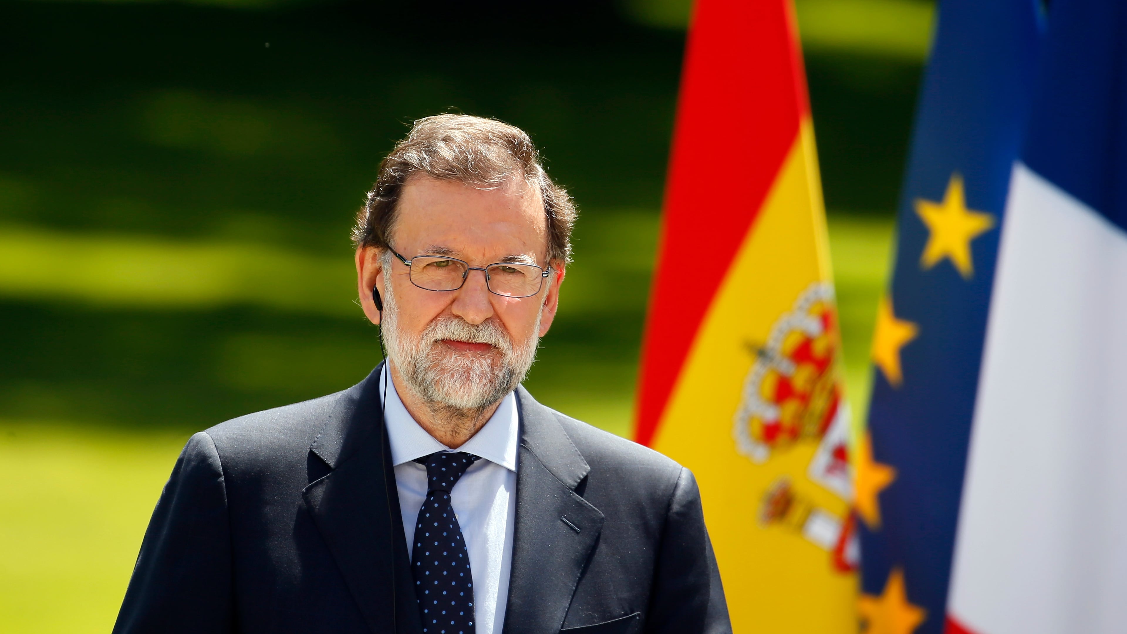 FILE - Spain's Prime Minister Mariano Rajoy attends a press conference at the Elysee Palace in Paris, France, Friday, June 16, 2017. (AP Photo/Francois Mori, File)