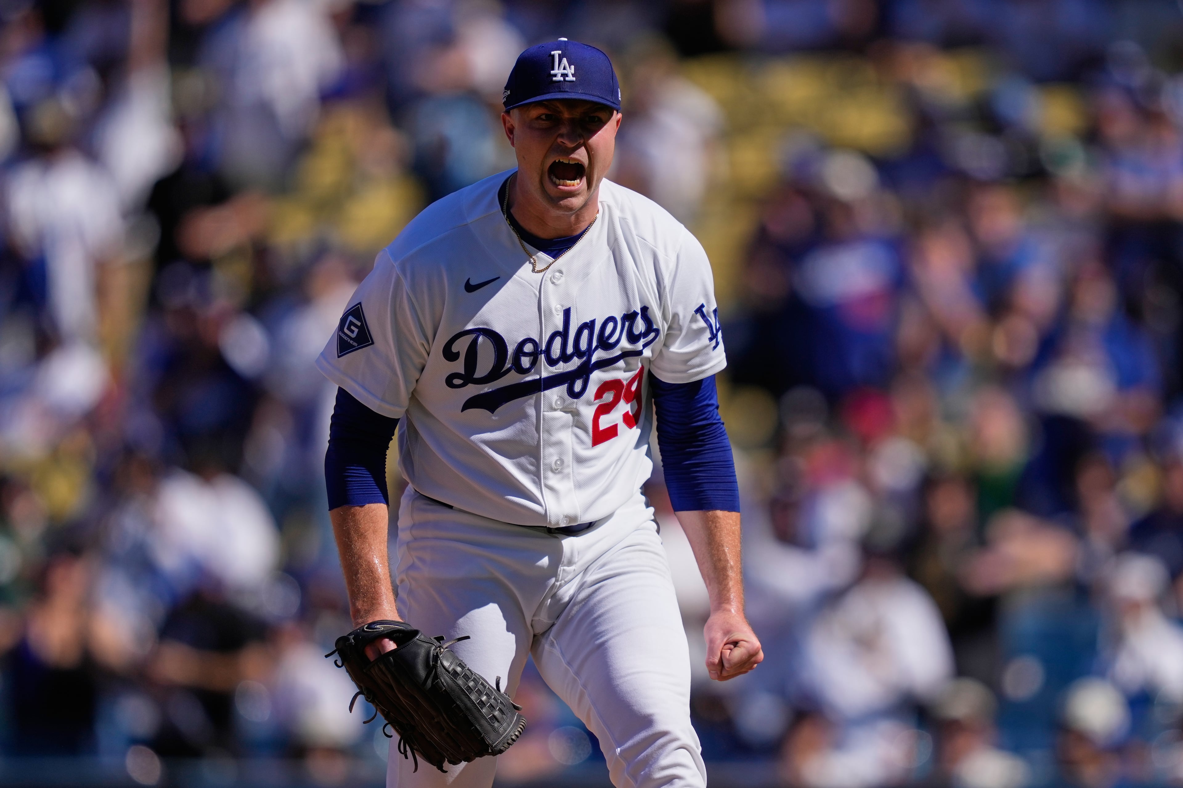 Los Angeles Dodgers starting pitcher Tarik Skubal celebrates after striking out Atlanta Braves' Austin Riley during the fifth inning of Game 1 of a National League Division Series baseball game Saturday, Oct. 3, 2026, in Los Angeles. (Mark J. Terrill/AP)
