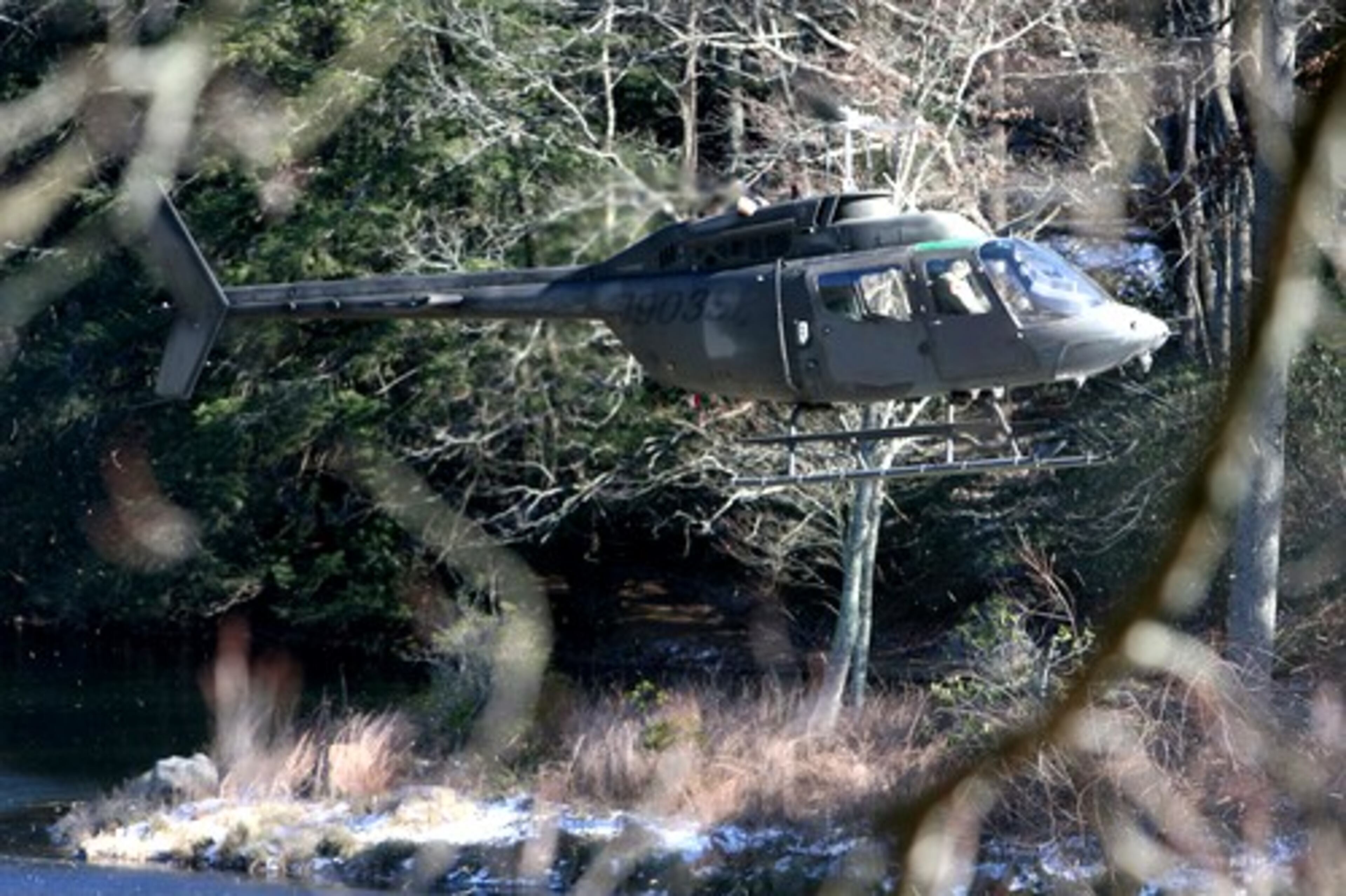 A helicopter returns to the visitors' center at Vogel State Park.