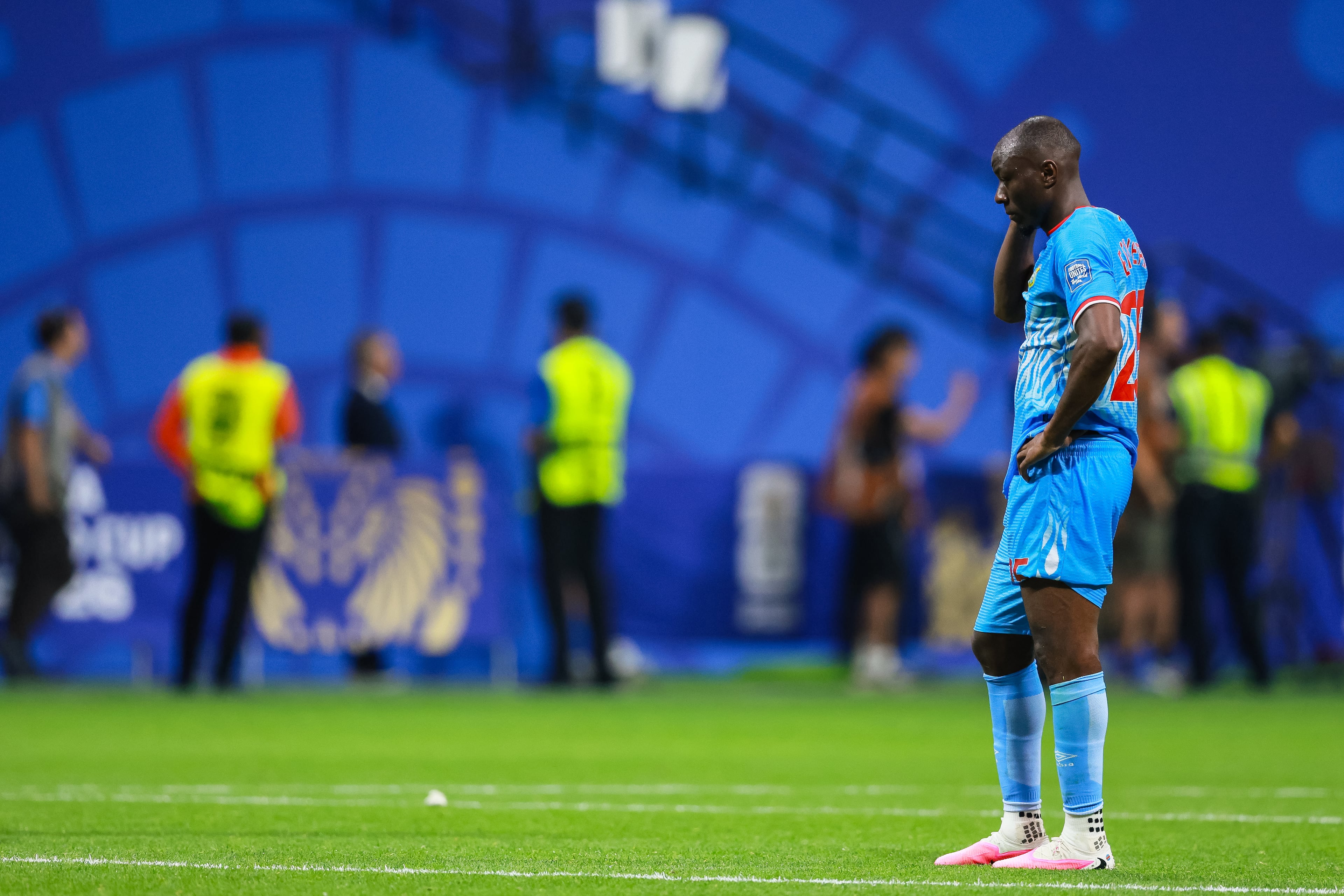 Congo forward Yoane Wissa reacts to a 2-1 loss to England during a FIFA World Cup round of 32 match at Atlanta Stadium (Mercedes-Benz Stadium) on Wednesday, July 1, 2026, in Atlanta. (Jason Getz/AJC)