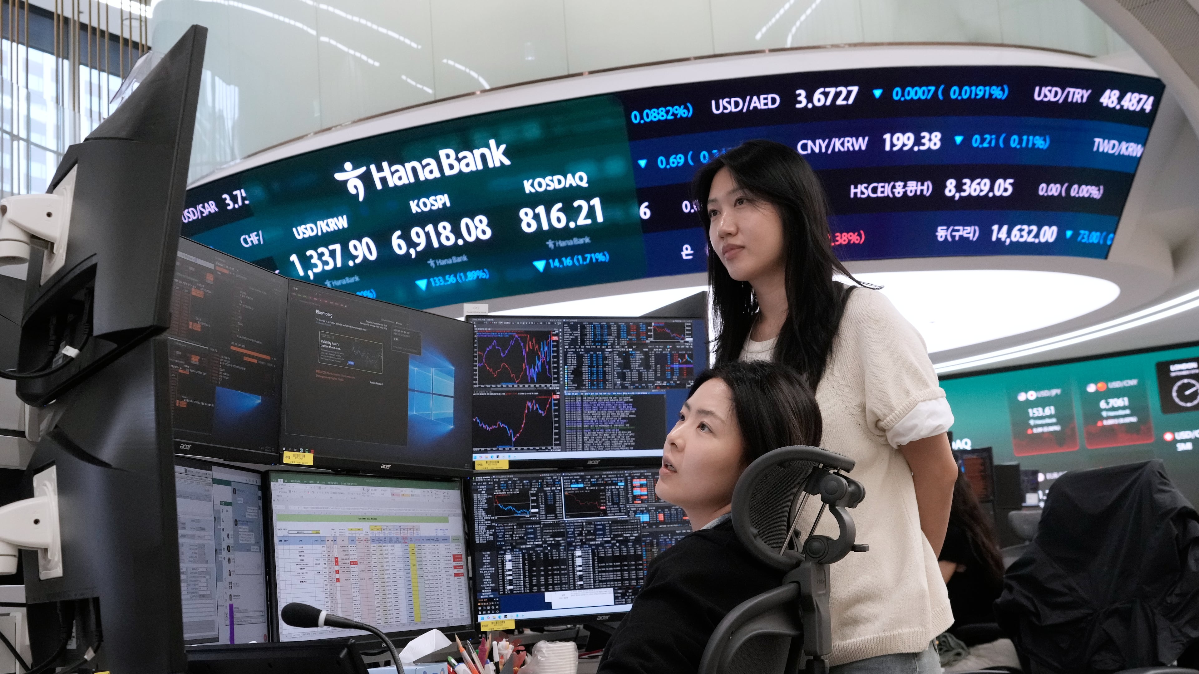 Currency traders watch monitors at the foreign exchange dealing room of the Hana Bank headquarters in Seoul, South Korea, Thursday, Sept. 10, 2026. (AP Photo/Ahn Young-joon)