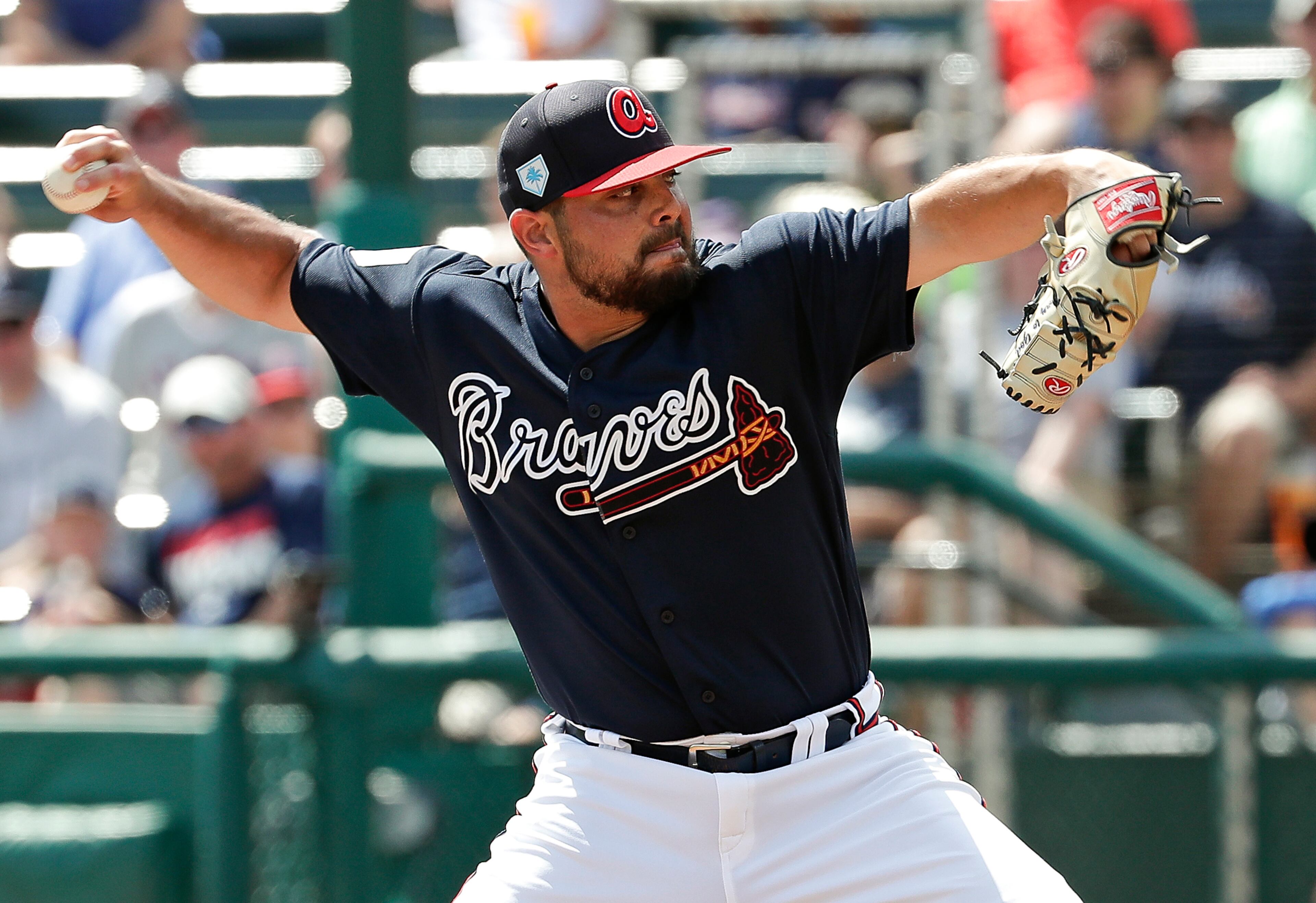 Atlanta Braves' Josh Graham pitches in the fifth inning against the Miami Marlins in a spring baseball exhibition game, Friday, March 15, 2019, in Kissimmee, Fla. (AP Photo/John Raoux)