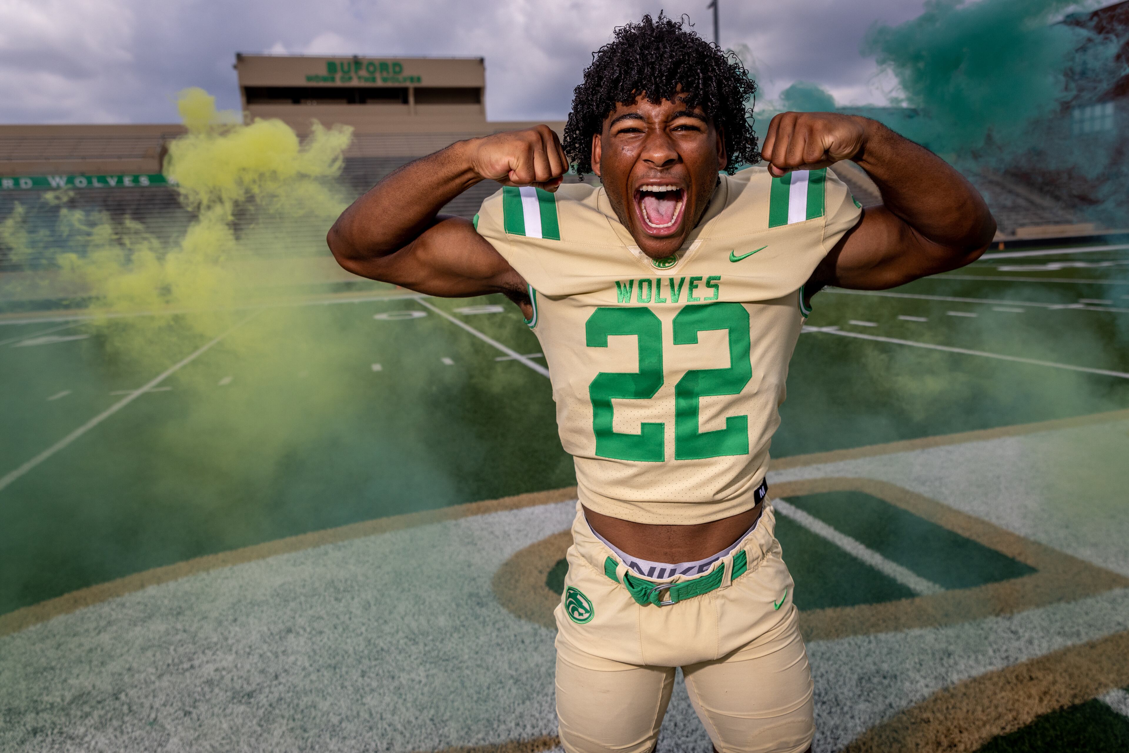 Buford Highschool Running Back Justice Haynes poses for a SUPER 11 photograph Wednesday, Jul 27, 2022.
