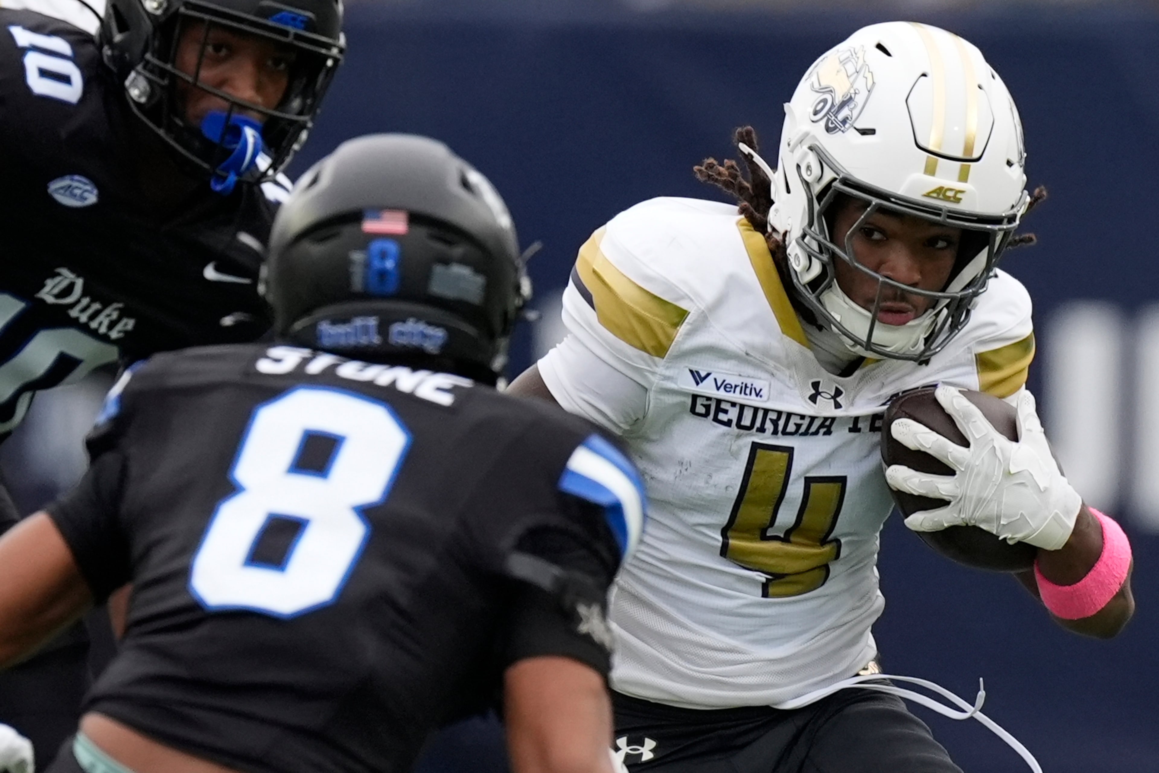Georgia Tech wide receiver Jordan Allen (right) runs against Duke safety DaShawn Stone during the first half of an NCAA college football game, Saturday, Oct. 10, 2026, in Atlanta. (Mike Stewart/AP)