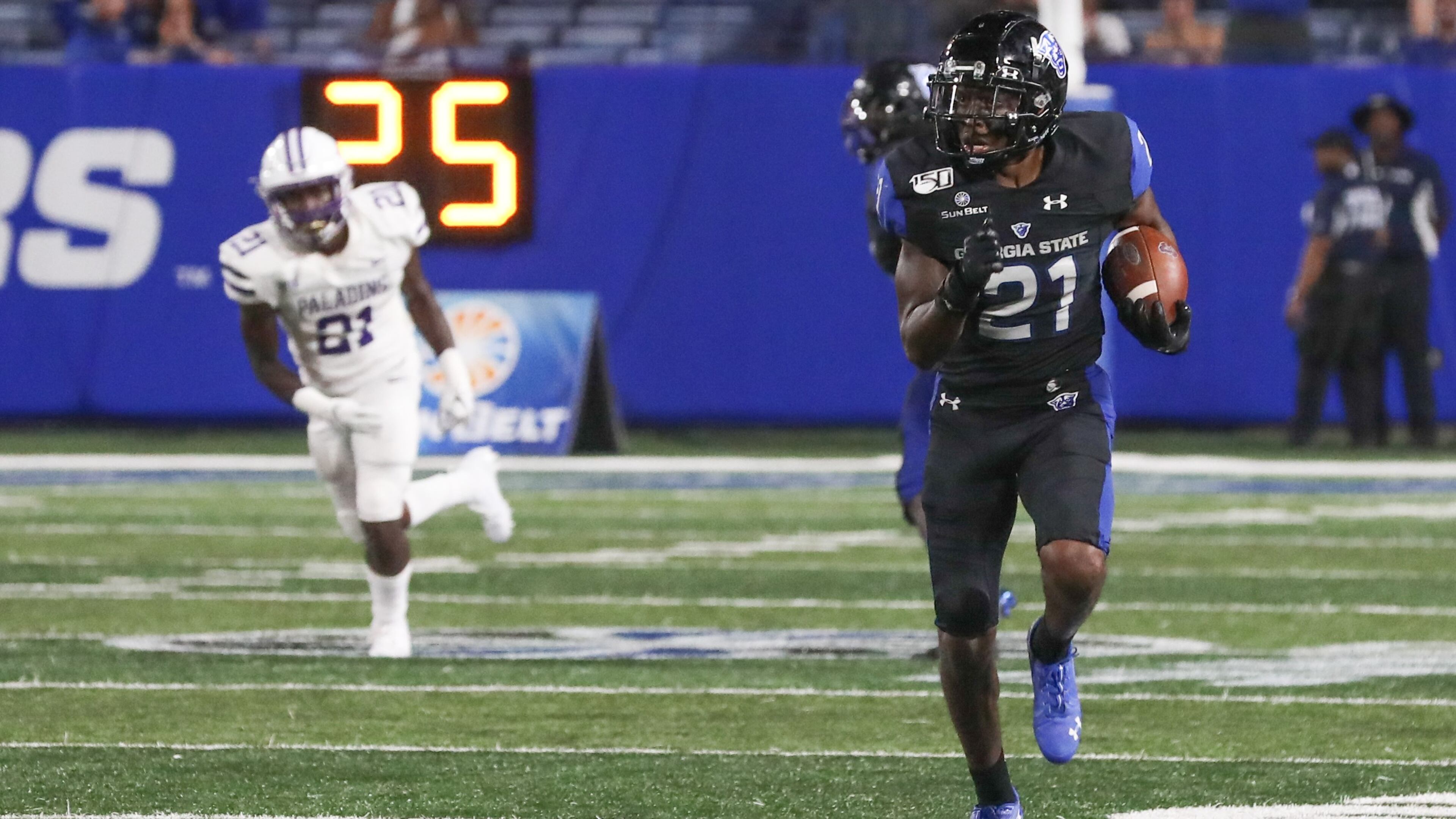 Georgia State Panthers safety Remy Lazarus (21) runs after intercepting the ball during the second half of a college football game against Furman Paladins at Georgia State Stadium, Saturday, Sept. 7, 2019, in Atlanta. BRANDEN CAMP/SPECIAL