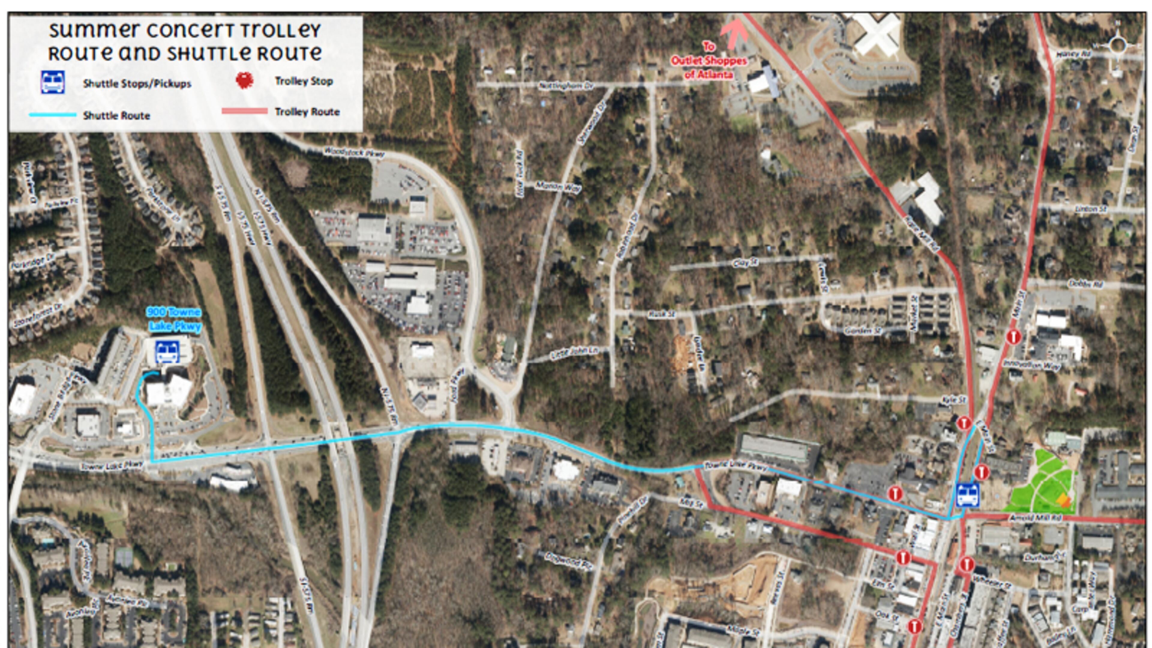 Aerial map shows the routes and stops of the Woodstock shuttle and trolley for the 2017 Summer Concert Series. CITY OF WOODSTOCK.