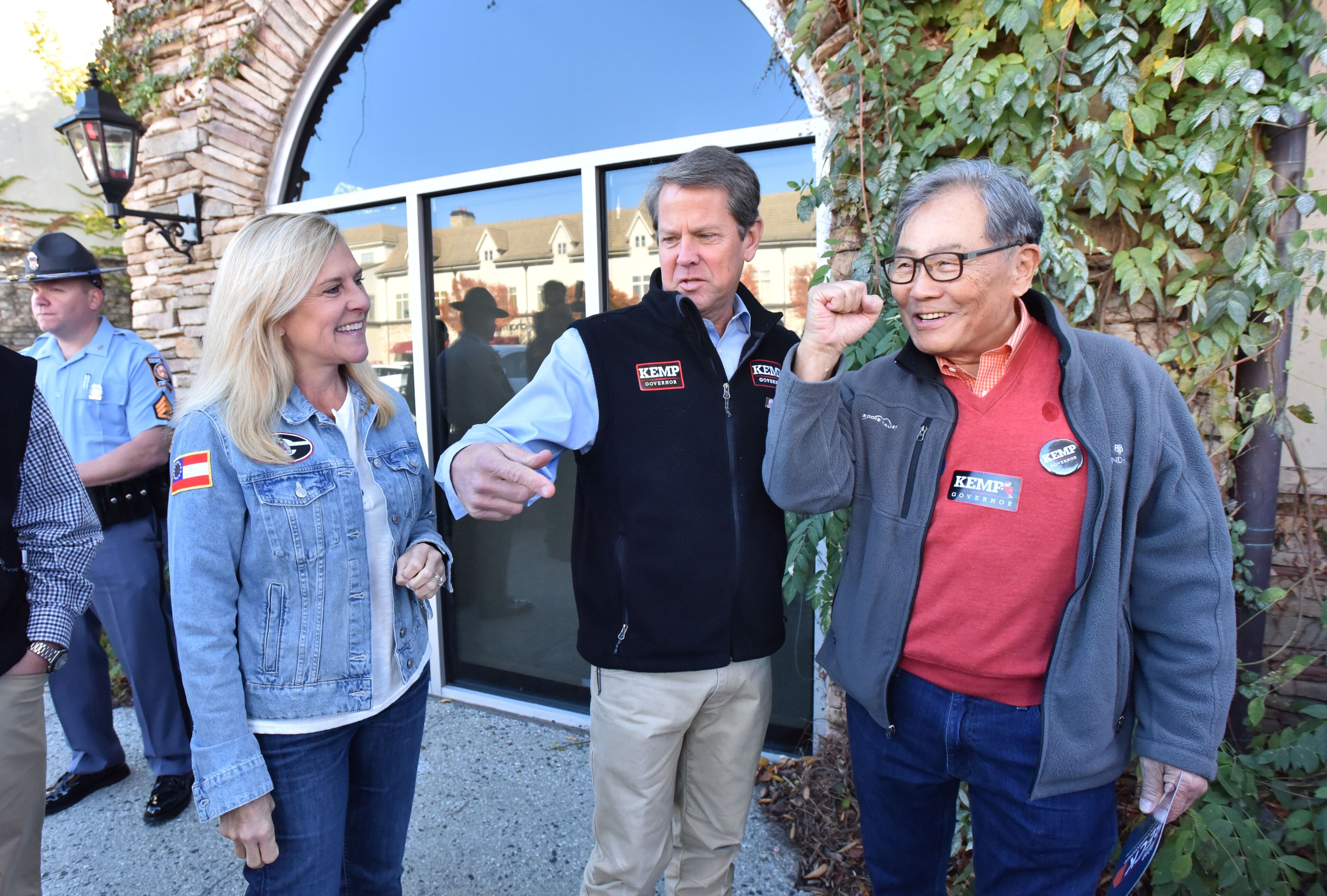 November 3, 2018 Peachtree Corners - GOP gubernatorial candidate Brian Kemp and his wife Marty Kemp are greeted by supporter Sunny Park (right) outside Mojitos Cuban American Bistro in Peachtree Corners on Saturday, November 23, 2018. A race that quietly began nearly two years ago will come to a deafening crescendo Tuesday after a final blitz that brought Oprah Winfrey, Barack Obama, Mike Pence and Donald Trump to Georgia. HYOSUB SHIN / HSHIN@AJC.COM