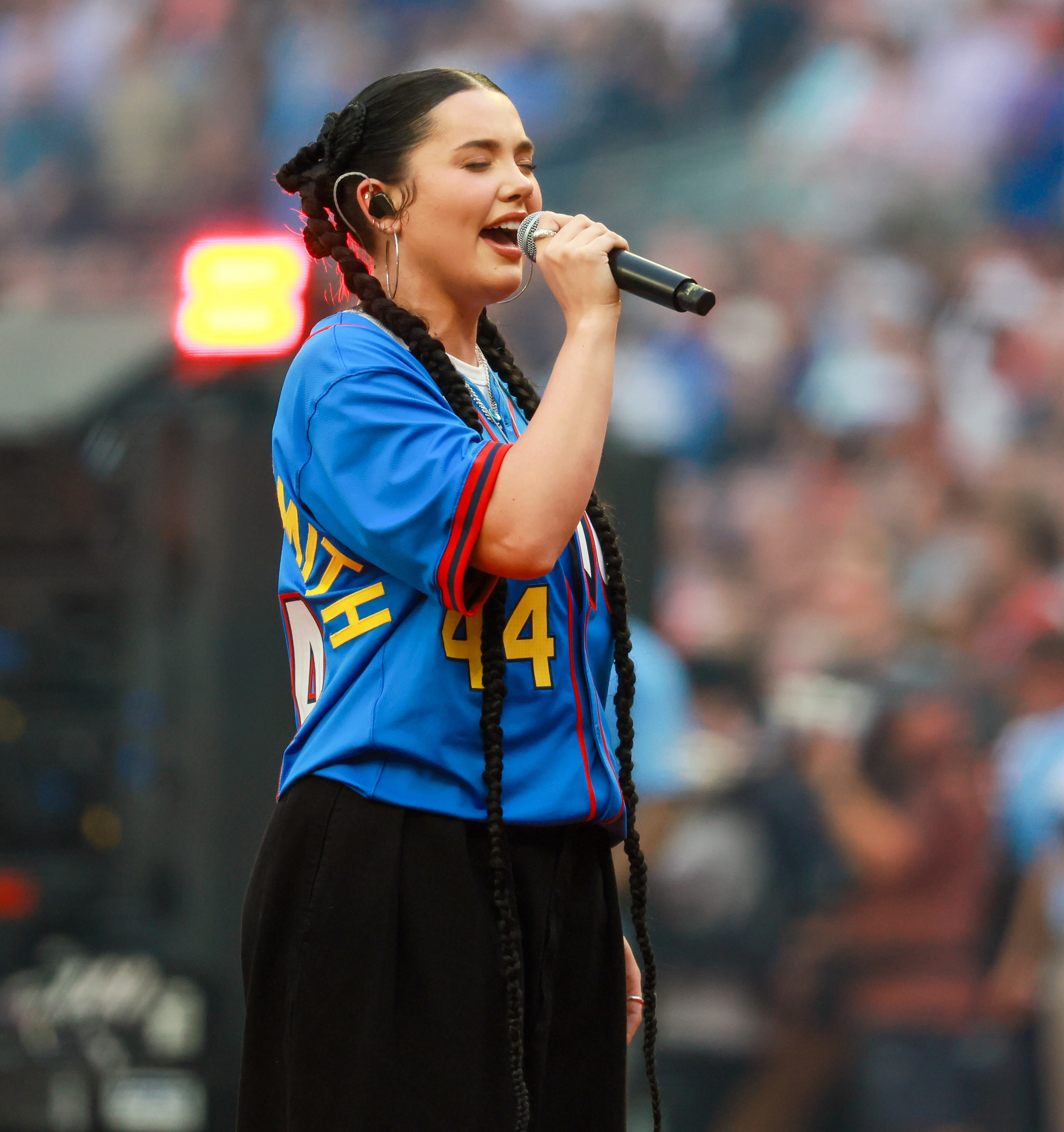 Singer-songwriter Lauren Spencer Smith sings the Canadian national anthem during the MLB All-Star Game at Truist Park in Atlanta on Tuesday, July 15, 2025. (Jason Getz/AJC)