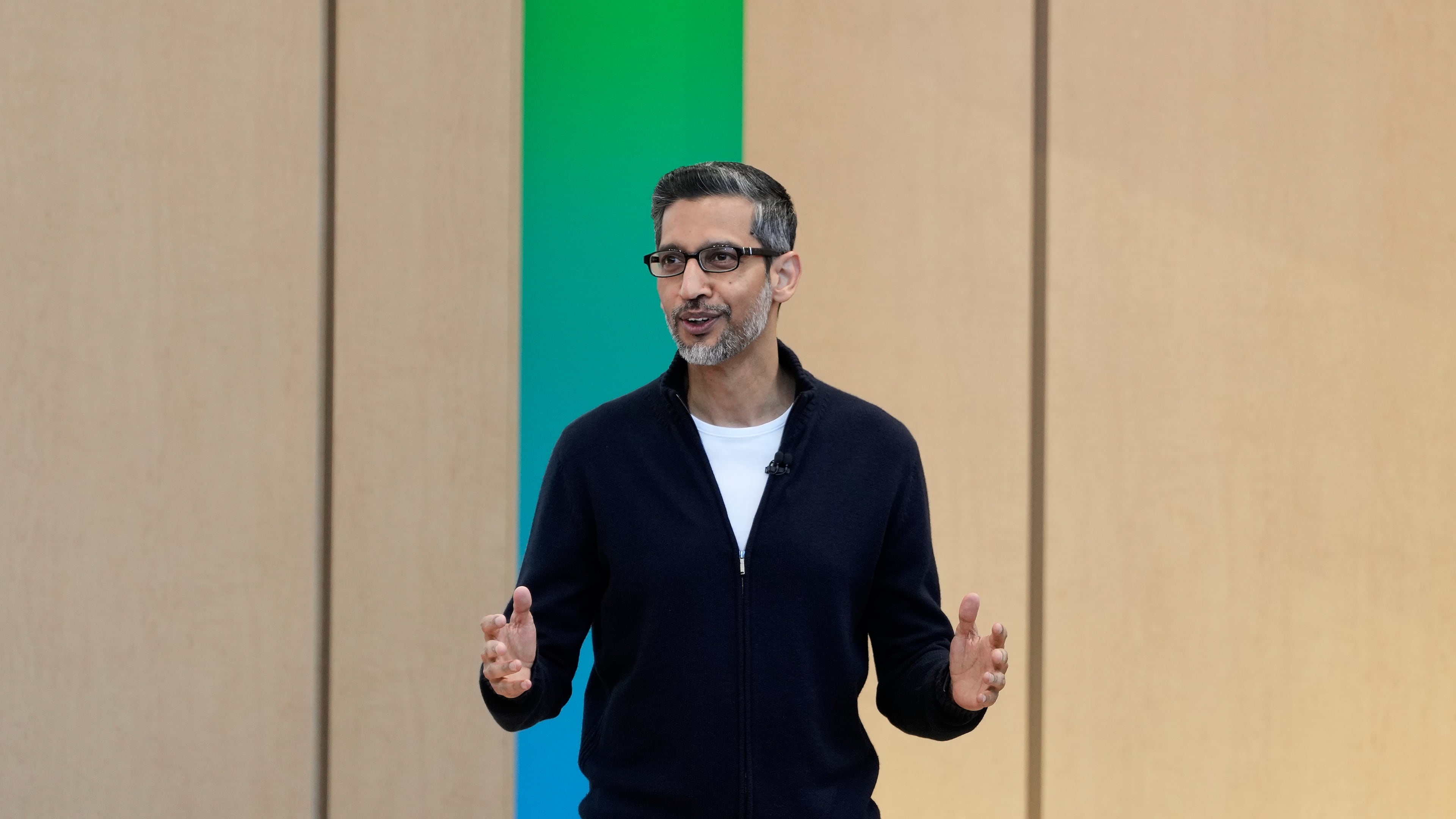 Alphabet CEO Sundar Pichai speaks at a Google I/O event in Mountain View, Calif., Tuesday, May 19, 2026. (AP Photo/Jeff Chiu)