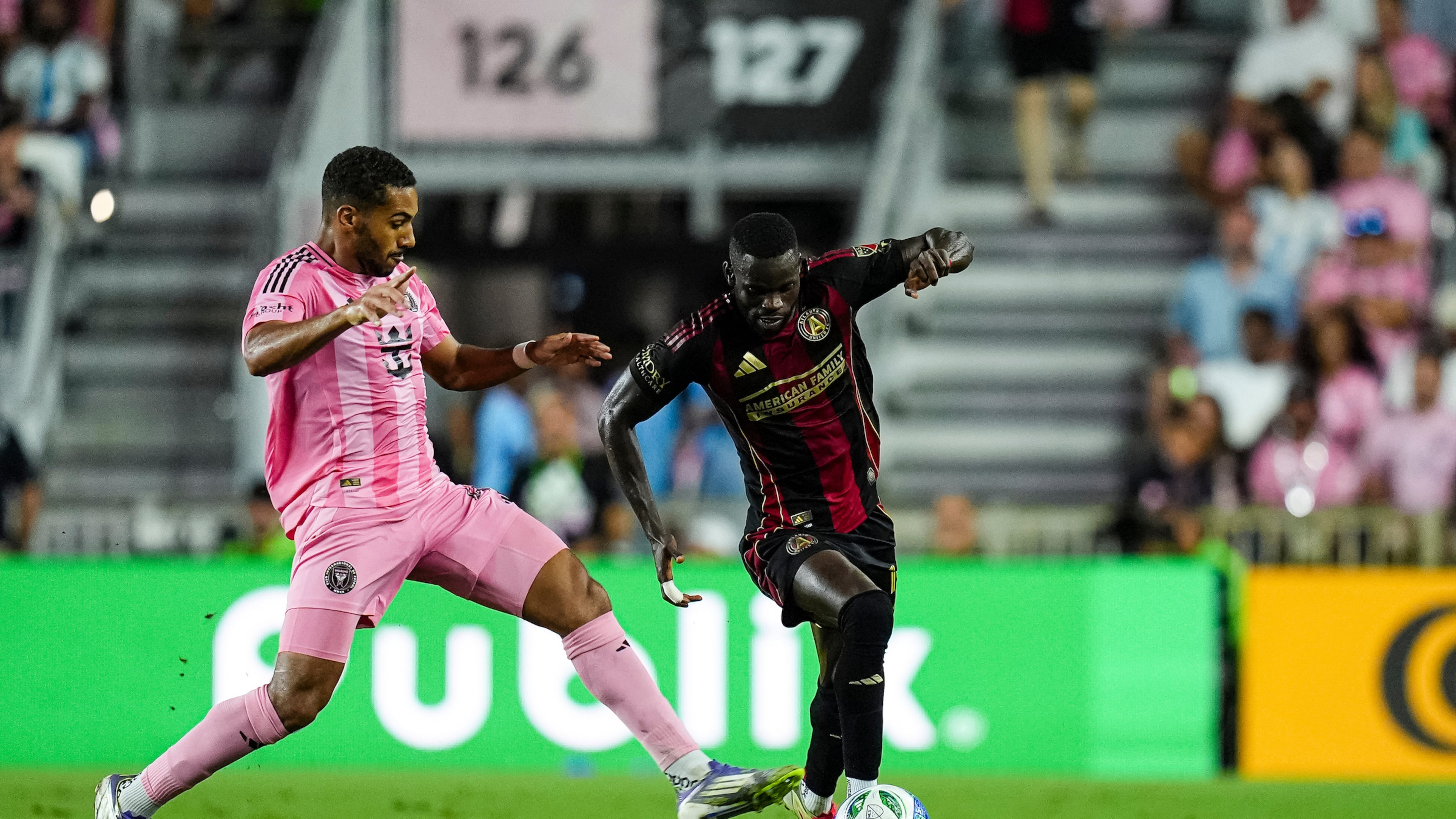 Atlanta United forward Jamal Thiare (center) — pictured dribbling against Inter Miami in October at Chase Stadium in Fort Lauderdale, Fla. — scored 11 goals in 56 appearances for the team. (Matthew Dingle/Atlanta United)