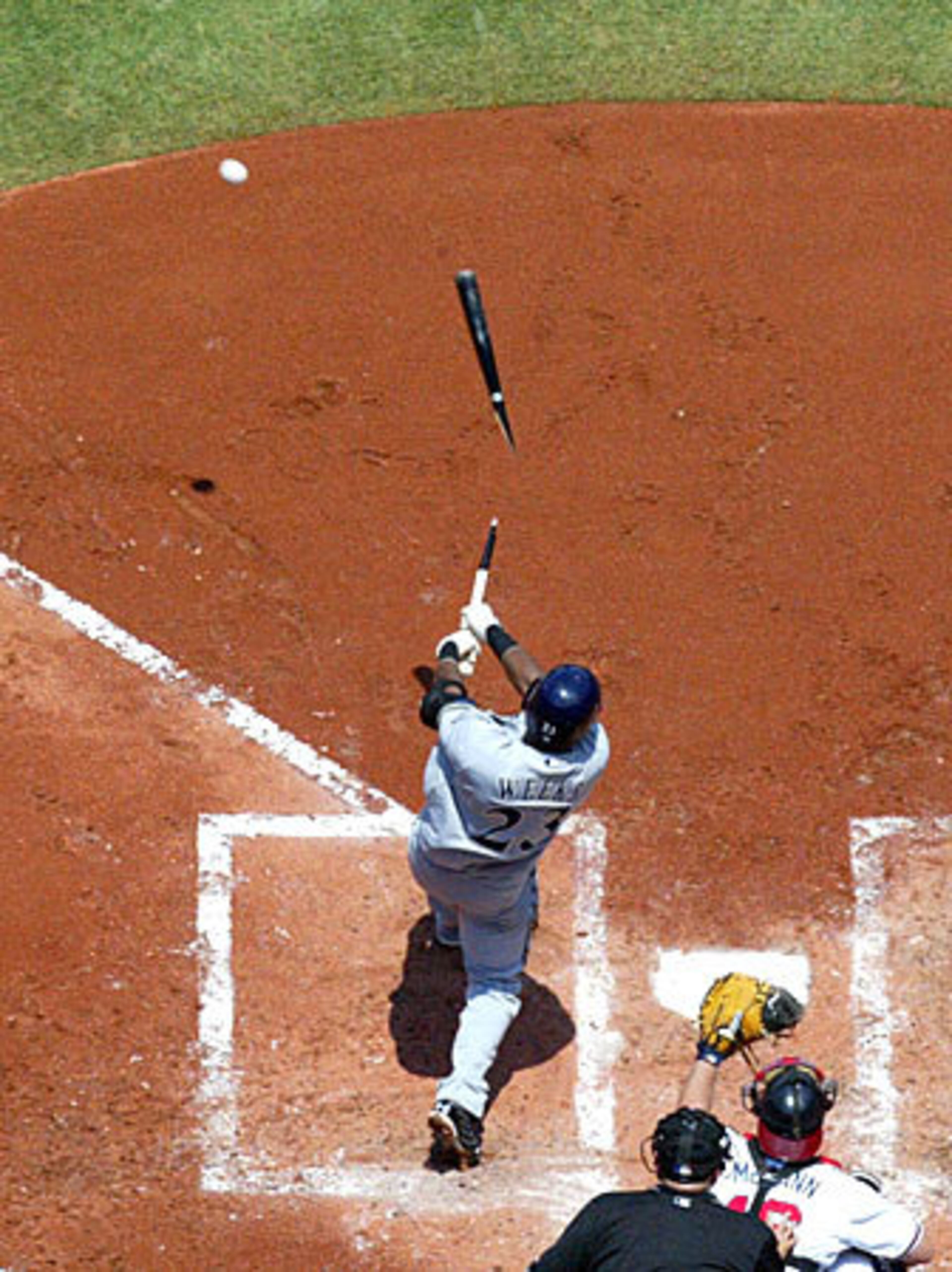 Brewers slugger Rickie Weeks' maple bat shatters as Braves catcher Brian McCann looks on during the June 25 game at Turner Field. On June 24, 2008, a health and safety committee of representatives from the MLB commissioner's office and the players' union met to discuss safety, testing and future action regarding maple bats.