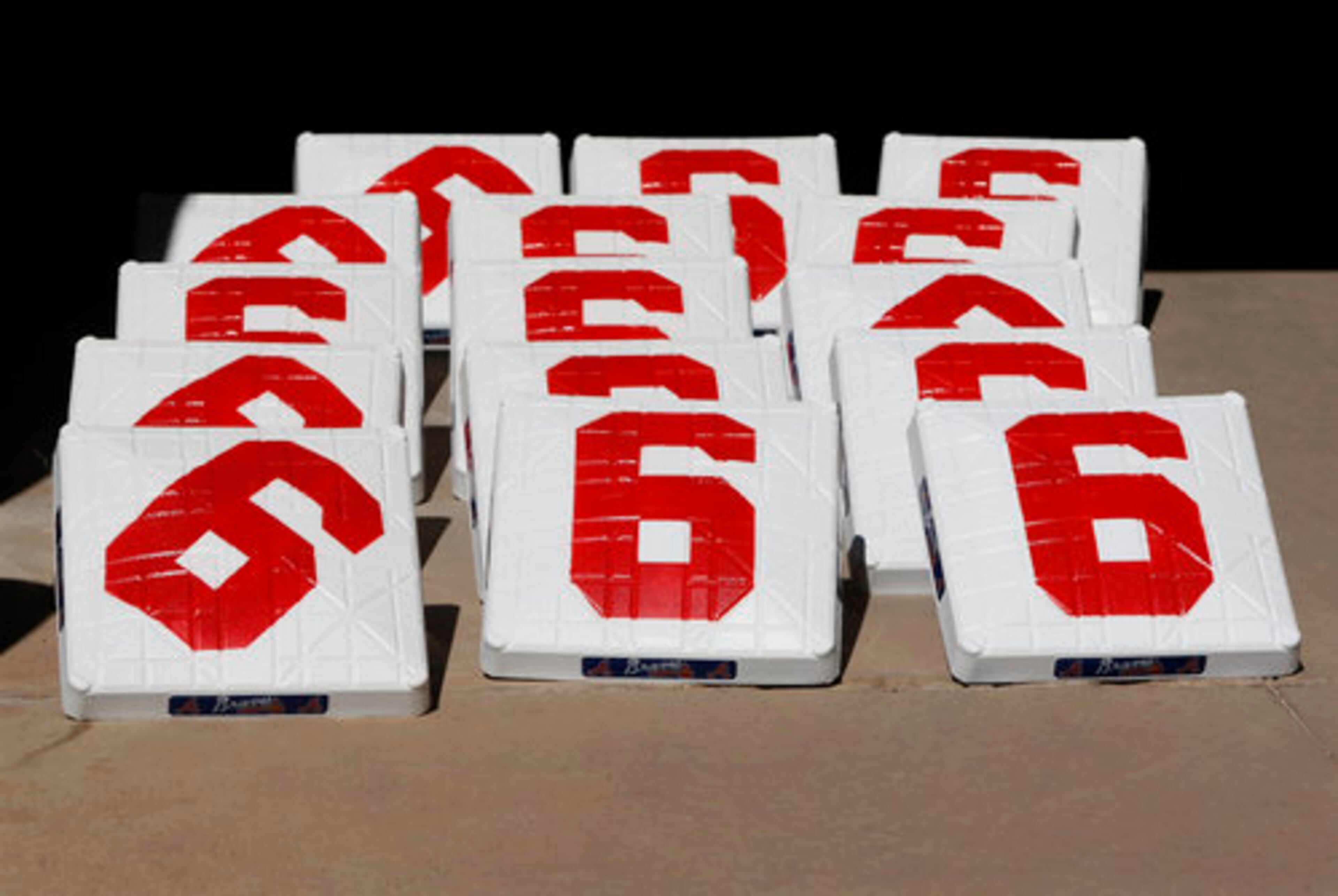 The ground crew also had the bases painted with sixes, Bobby Cox's jersey number. They will be used during Saturday's game, when Cox will be honored at a pregame ceremony.