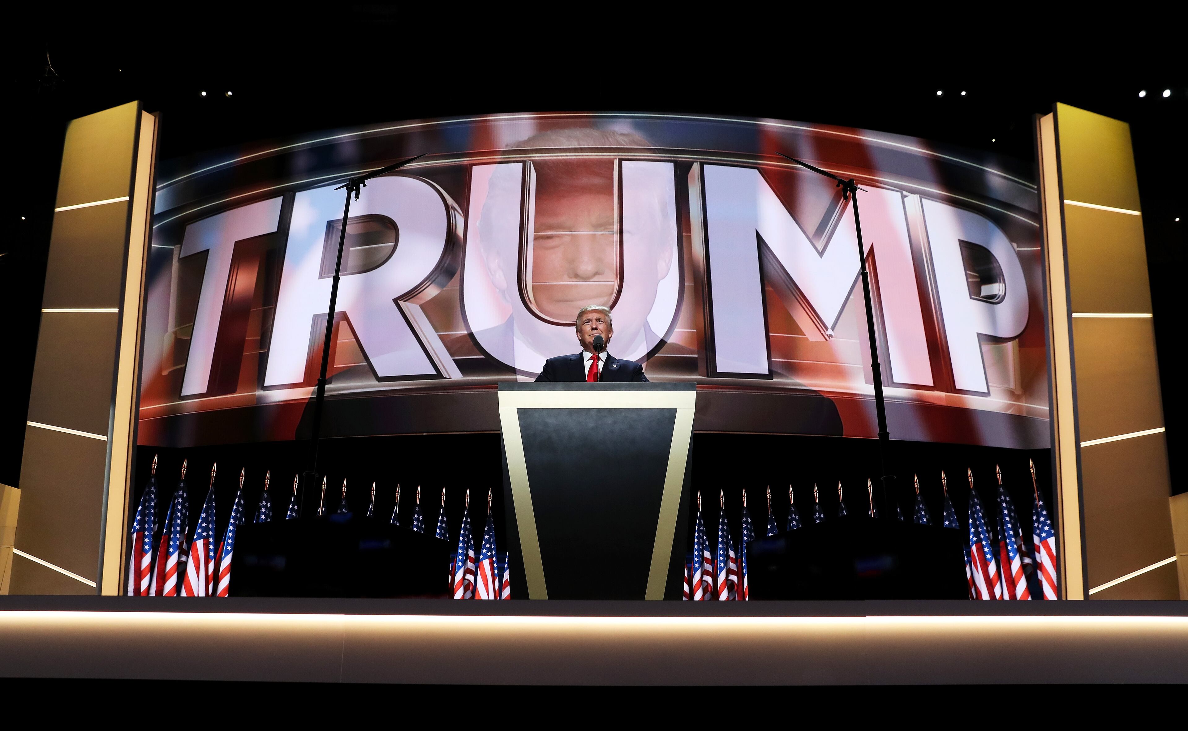 Republican presidential candidate Donald Trump delivers a speech during the evening session on the fourth day of the Republican National Convention on July 21, 2016 at the Quicken Loans Arena in Cleveland, Ohio. (Photo by John Moore/Getty Images)