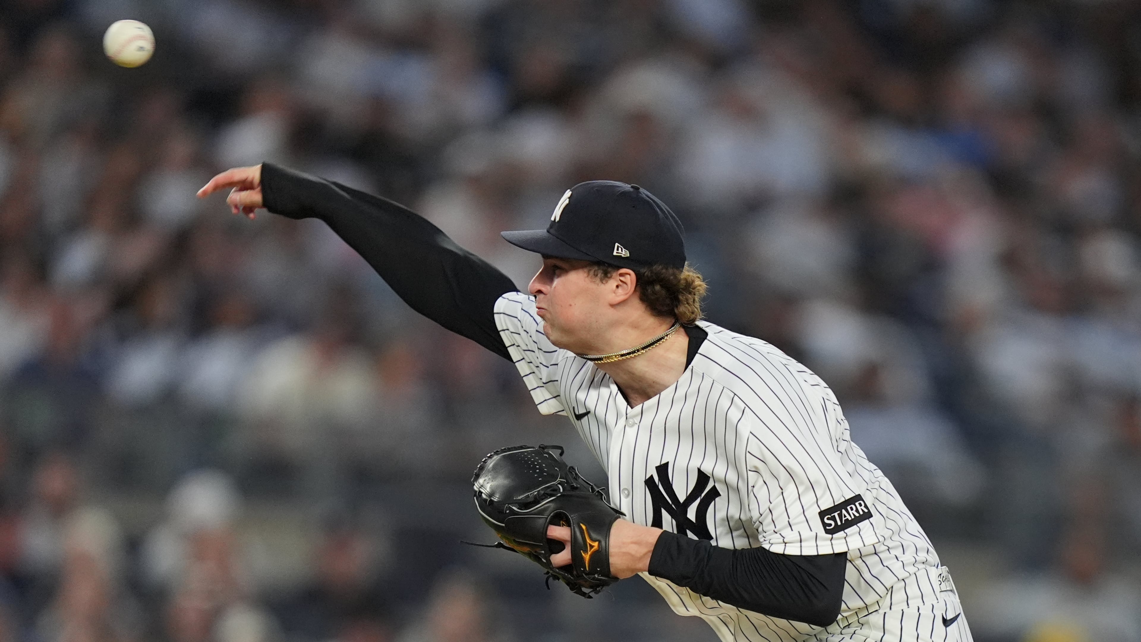 New York Yankees' Cam Schlittler pitches during the third inning of a baseball game against the Kansas City Royals Friday, April 17, 2026, in New York. (AP Photo/Frank Franklin II)