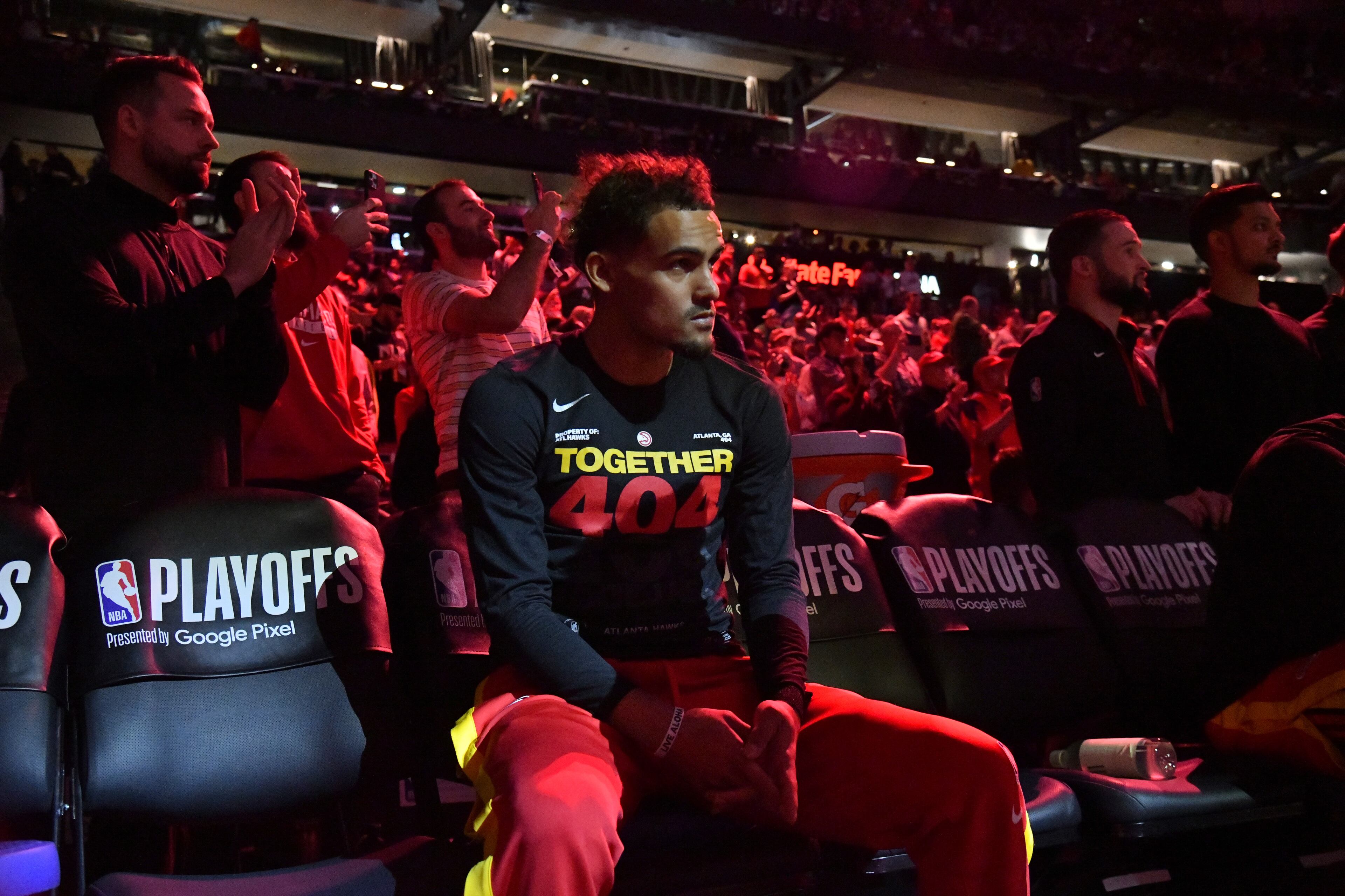 Hawks' guard Trae Young gets ready for Game 4 against the Celtics of the first round of the Eastern Conference playoffs at State Farm Arena, Sunday, April 23, 2023, in Atlanta. (Hyosub Shin / Hyosub.Shin@ajc.com)