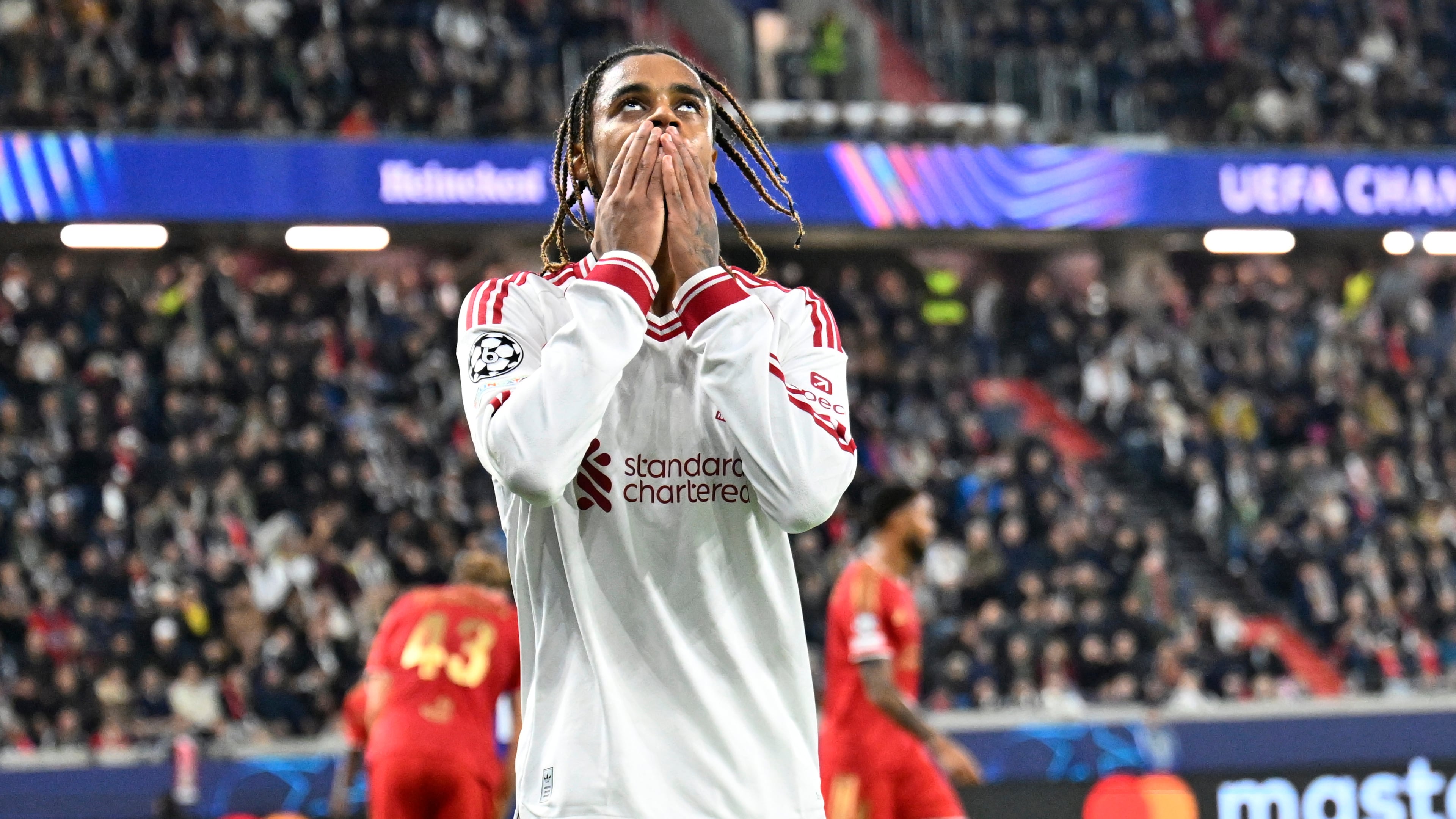 Liverpool's Bradley Barcola, celebrates after scoring his side's third goal during the Champions League opening phase soccer match between LASK and Liverpool in Linz, Austria, Wednesday, Oct. 14, 2026. (AP Photo/Denes Erdos)
