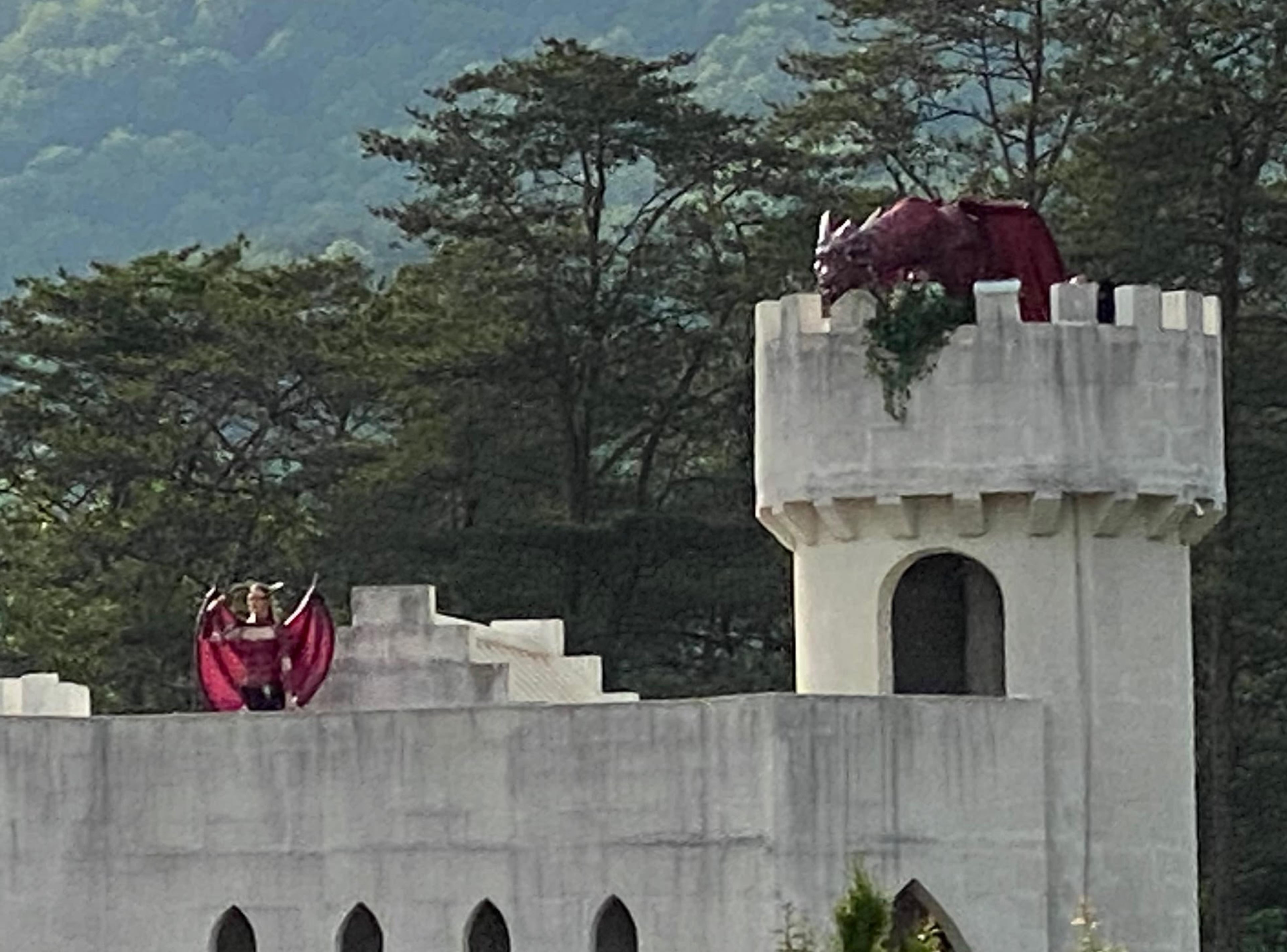 A puppet dragon is perched on top of the northside gate during "Mirth and Mischief," an interactive immersive experience at Uhuburg Castle. (Courtesy)