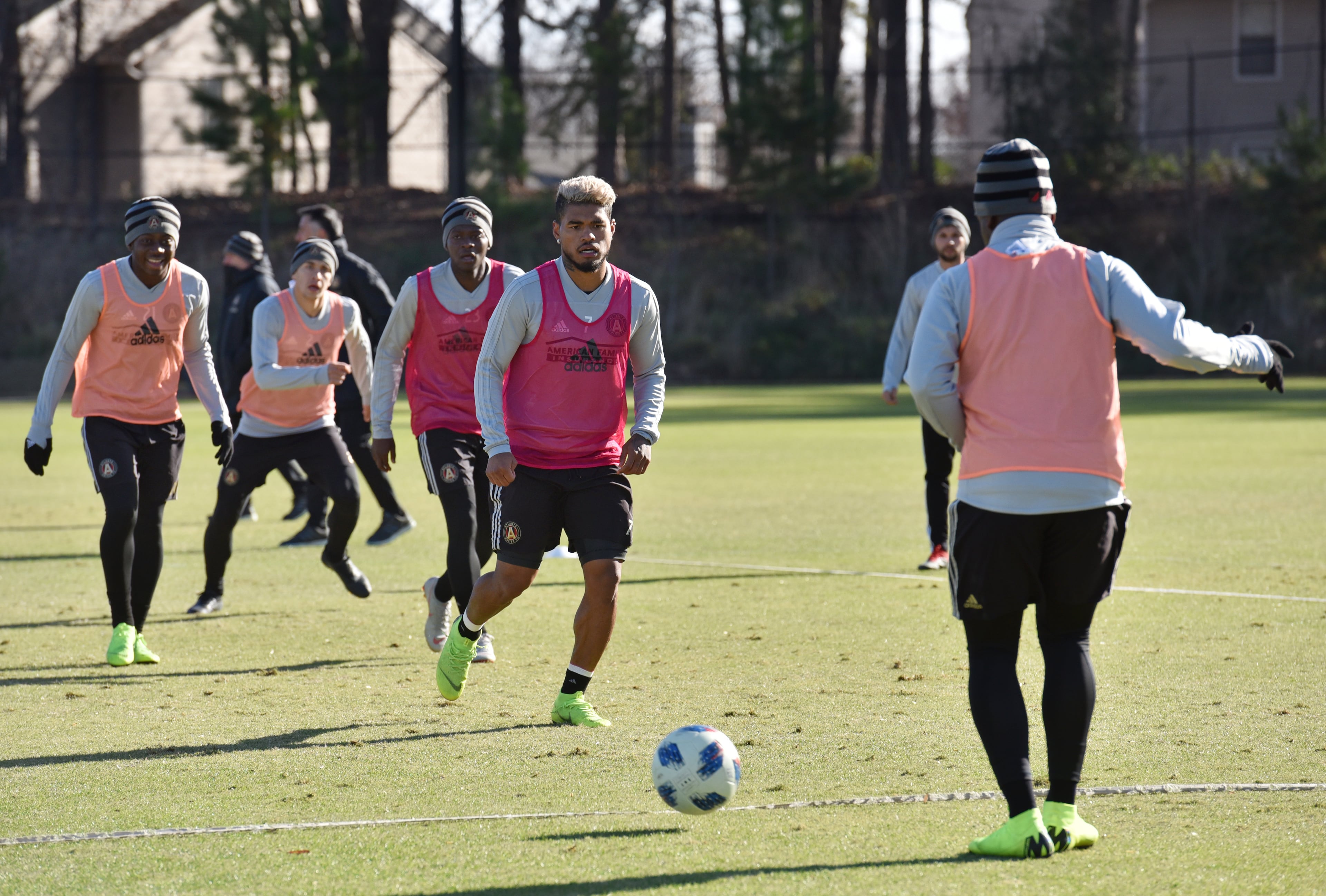 Atlanta United forward Josef Martinez (7) and players work on mini soccer during Tuesday's practice at Children's Healthcare of Atlanta Training Ground in Marietta. (Hyosub Shin/hshin@ajc.com)